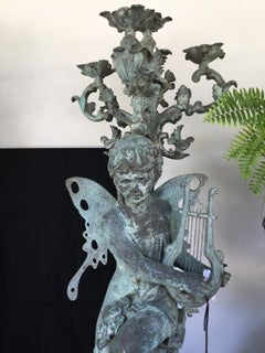 Large Pair of French Style Verde Bronze Torchiers Having 5 Lights for Garden