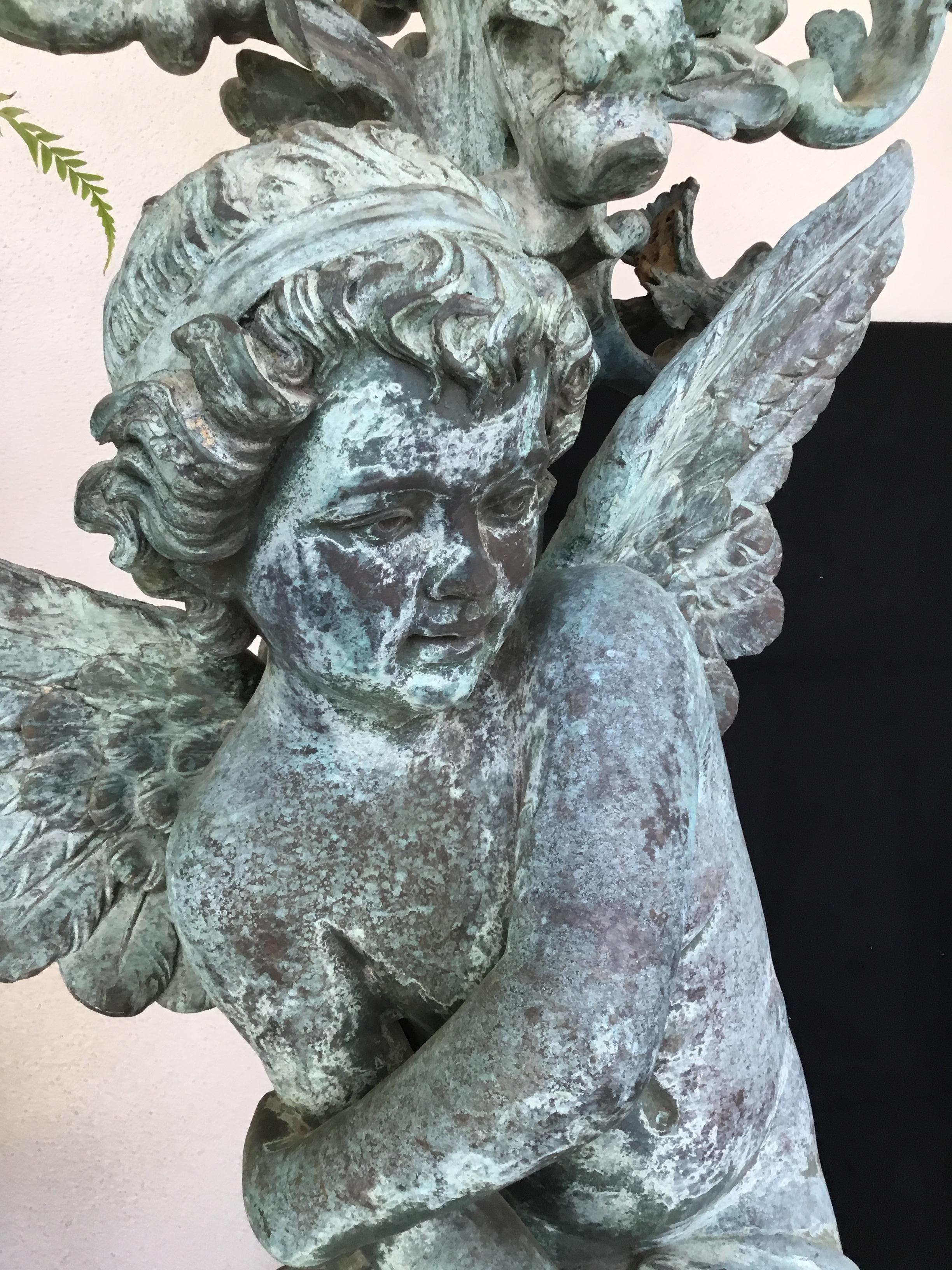 Large Pair of French Style Verde Bronze Torchiers Having 5 Lights for Garden In Excellent Condition For Sale In Houston, TX