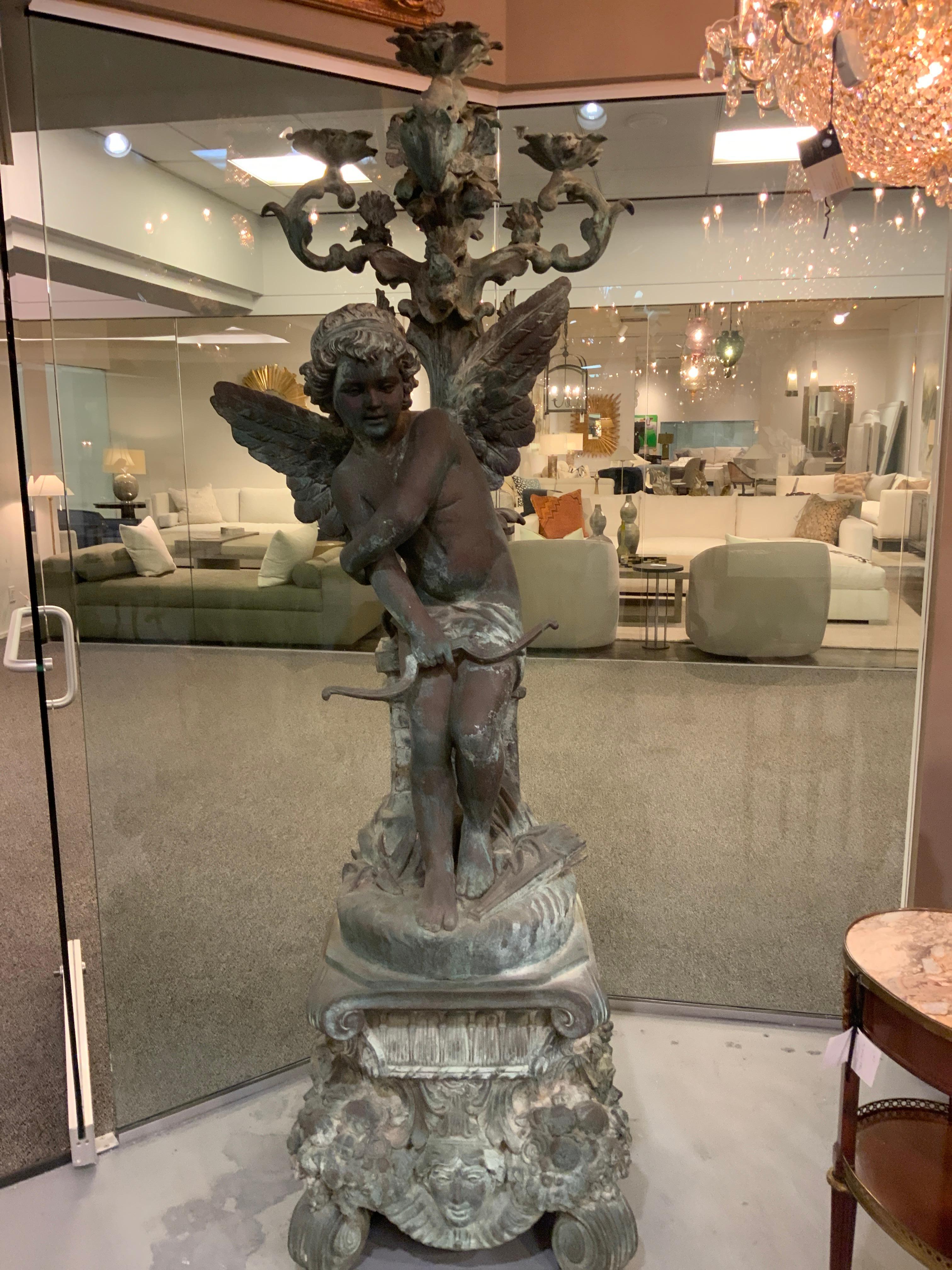 Large Pair of French Style Verde Bronze Torchiers Having 5 Lights for Garden For Sale 2