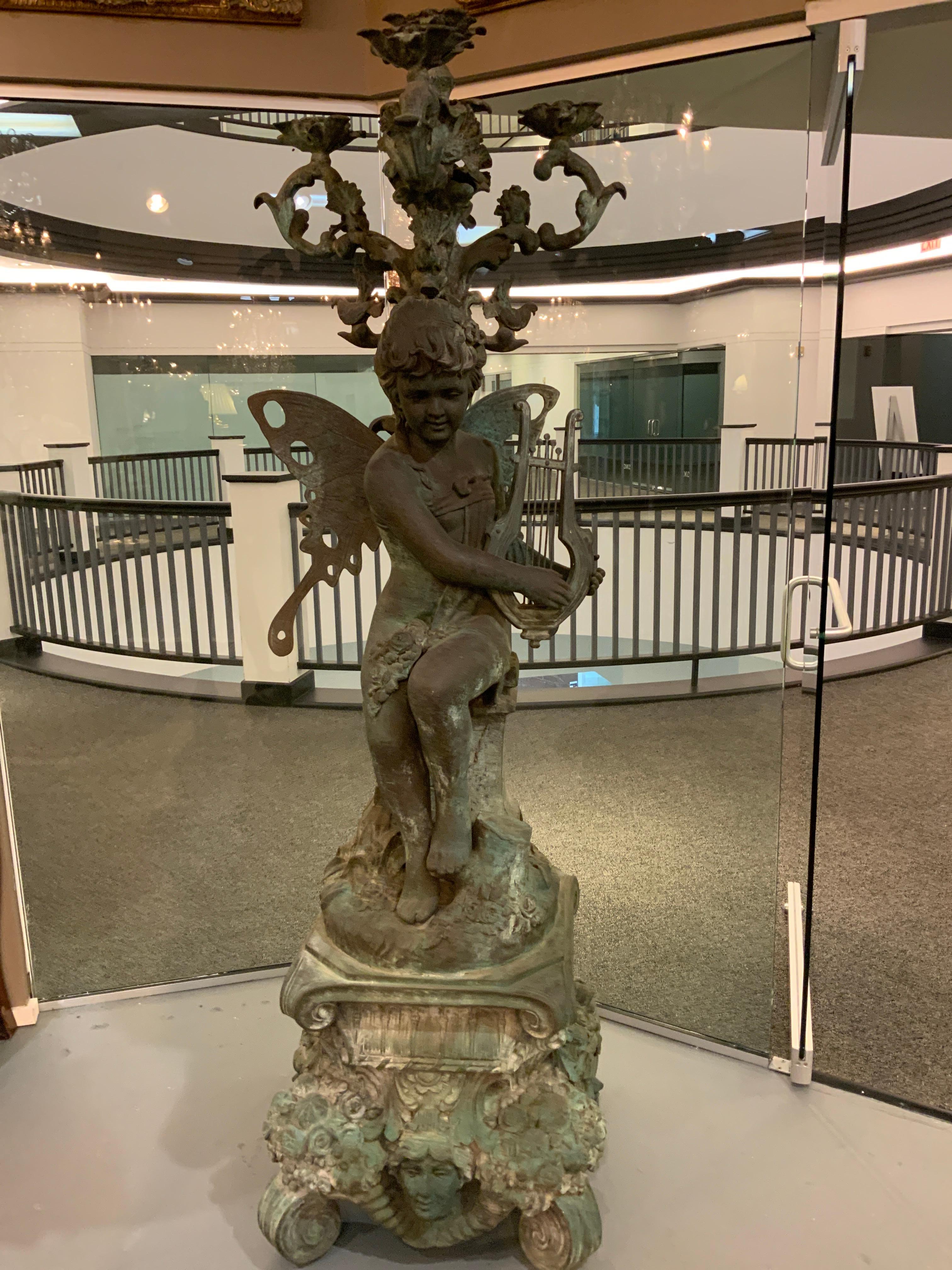 Large Pair of French Style Verde Bronze Torchiers Having 5 Lights for Garden For Sale 3