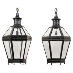 Large Pair of French Tall Lanterns, Black Metal Frames and Glass