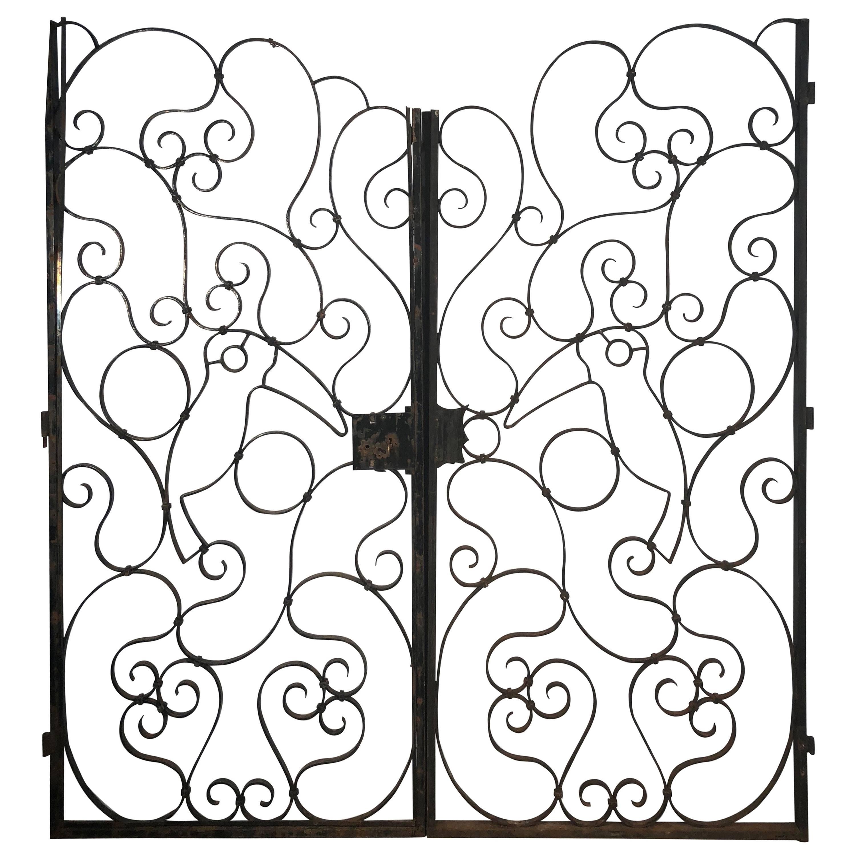 Large Pair of French Wrought Iron Gates with Toucans