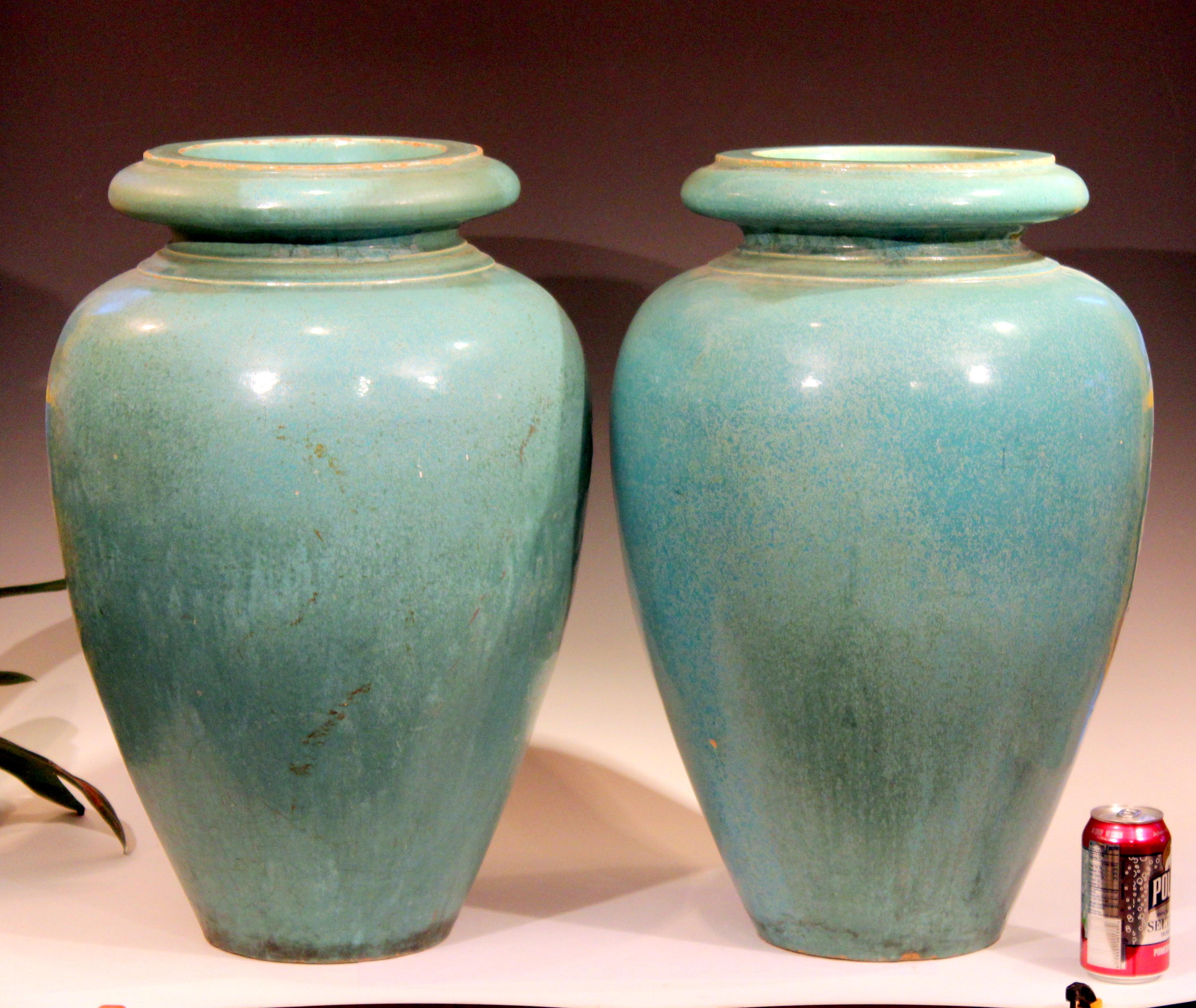 Large Pair of Galloway Terracotta Company Pottery Turquoise Urns Vases For Sale 4