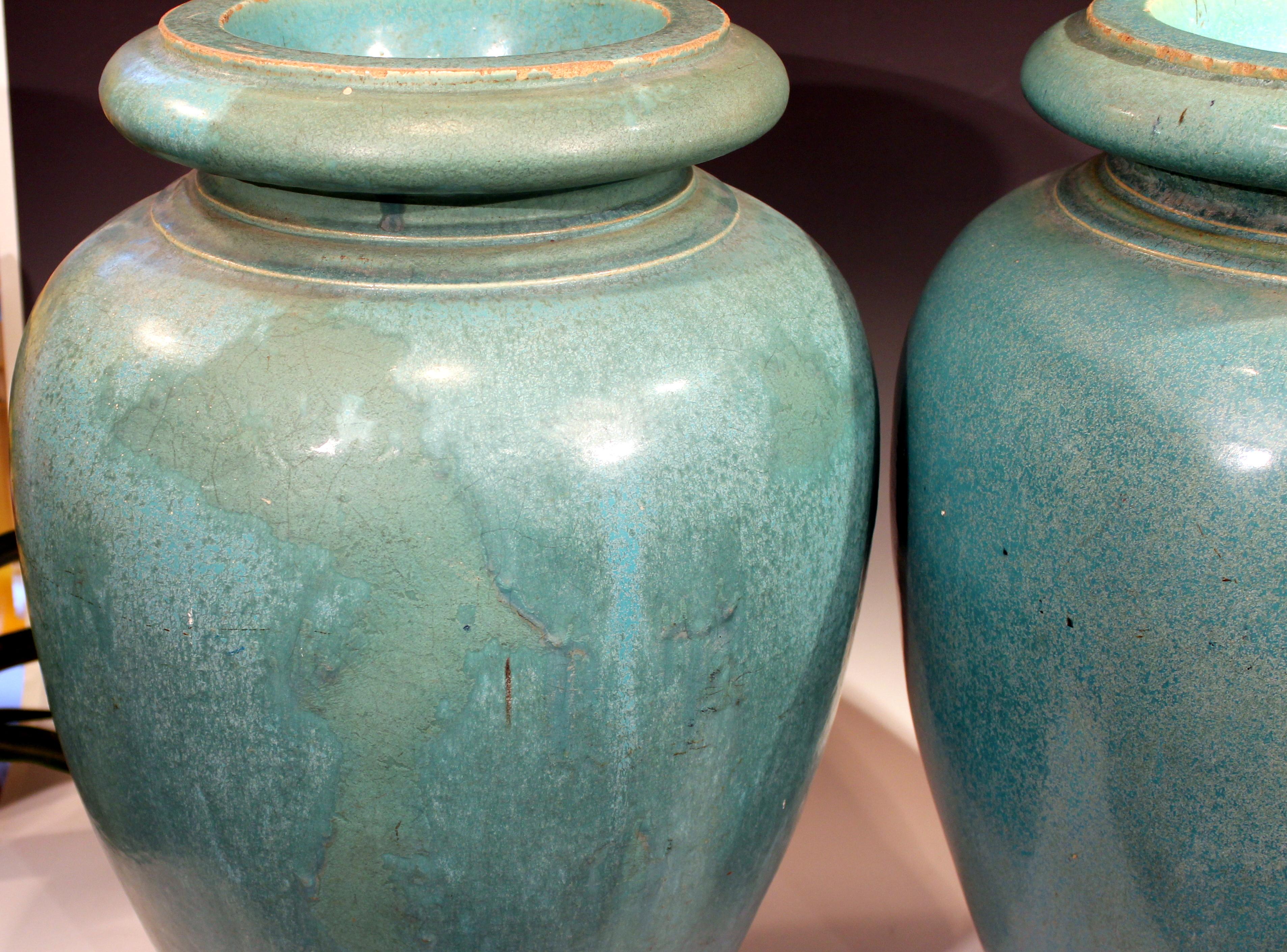 Large Pair of Galloway Terracotta Company Pottery Turquoise Urns Vases In Good Condition For Sale In Wilton, CT