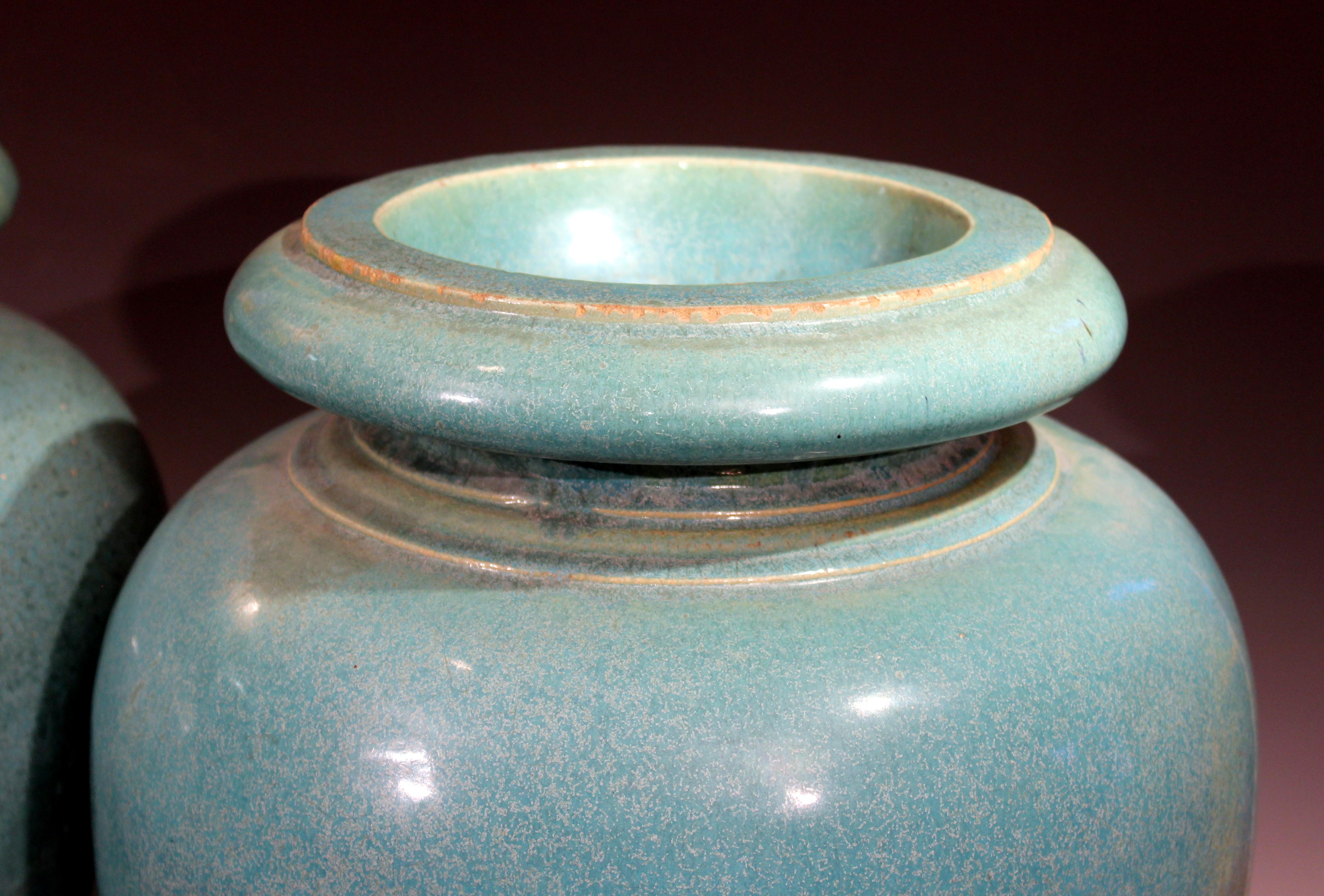 Mid-20th Century Large Pair of Galloway Terracotta Company Pottery Turquoise Urns Vases For Sale