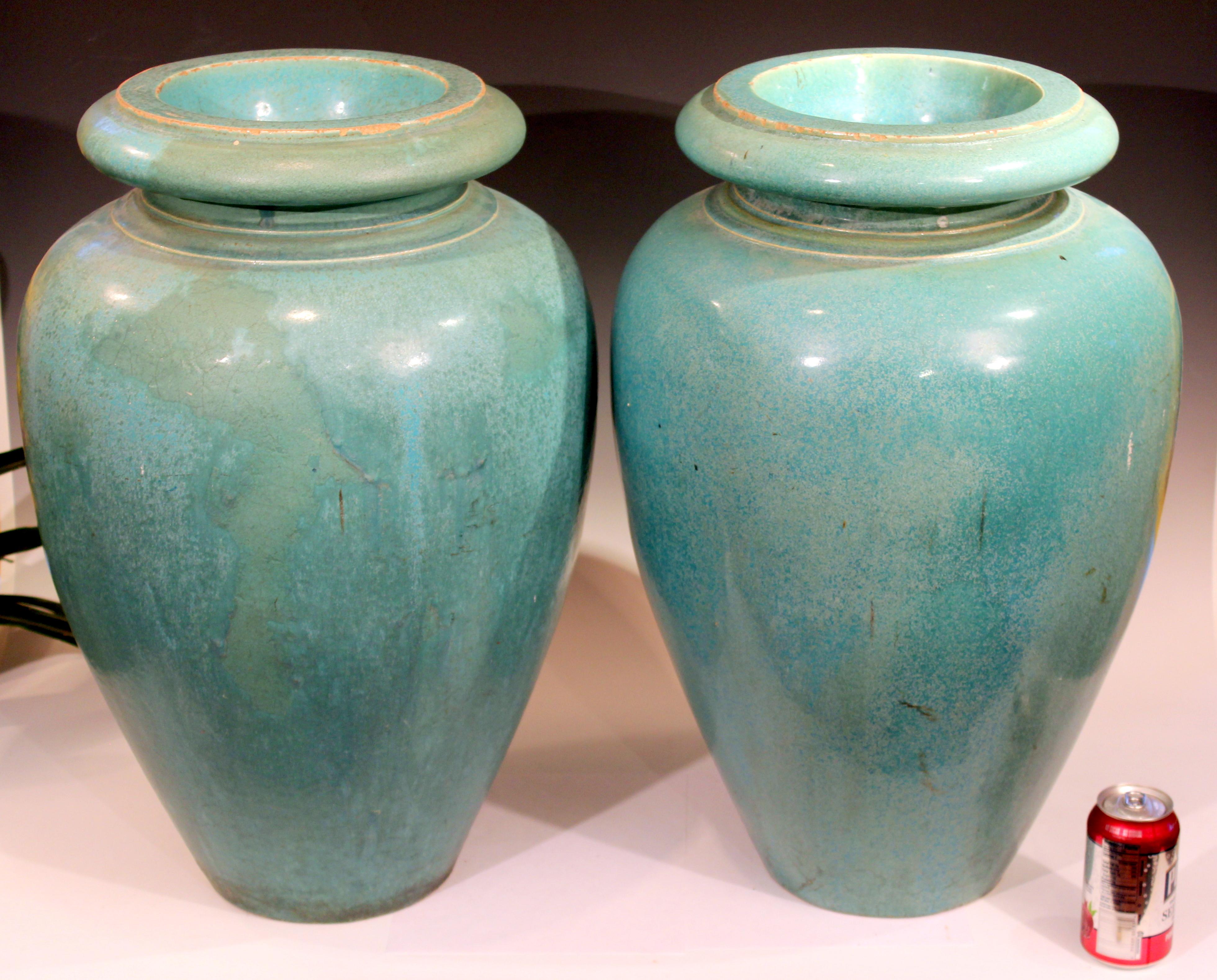 Large Pair of Galloway Terracotta Company Pottery Turquoise Urns Vases For Sale 2