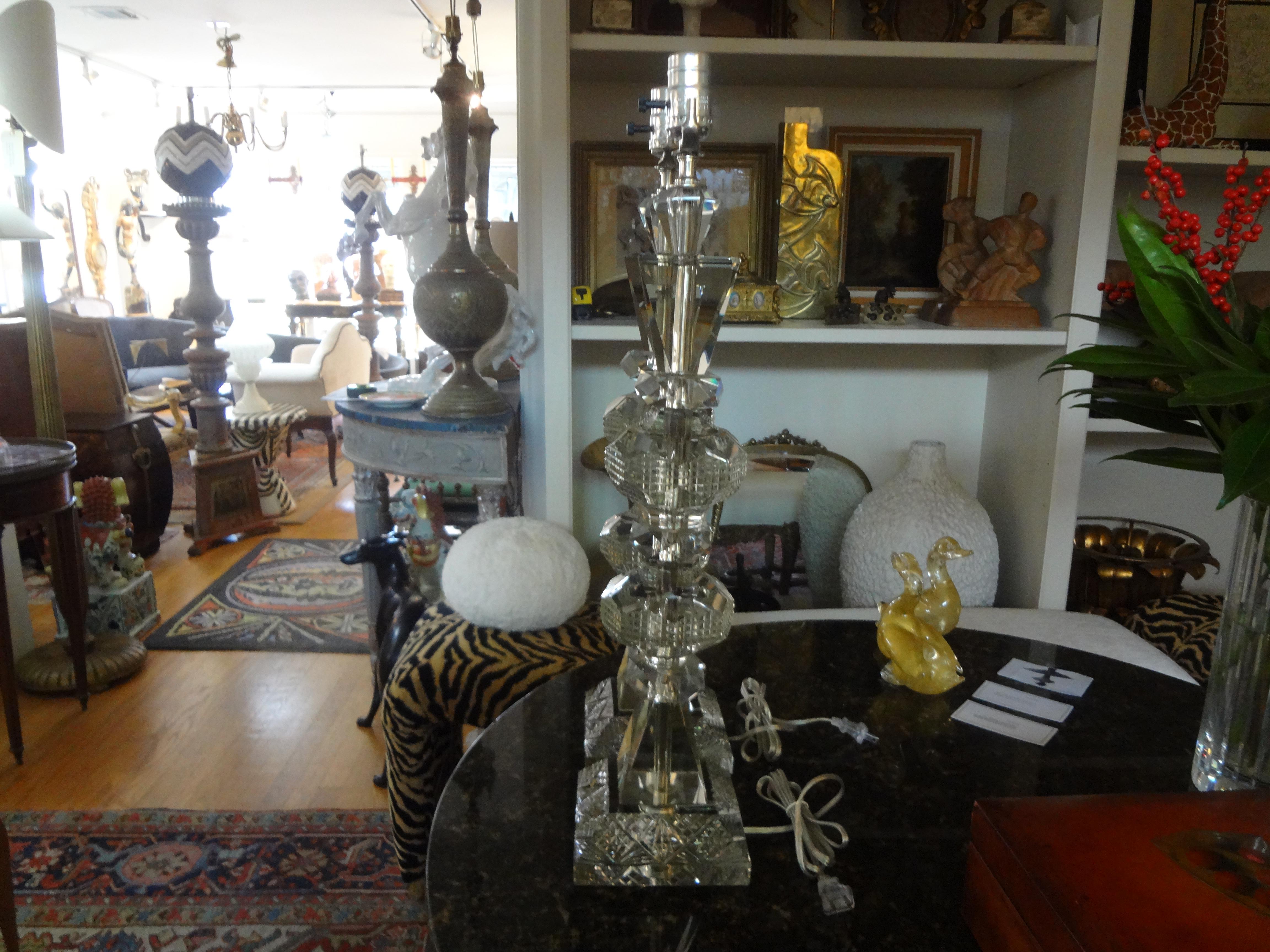 Large Pair of Geometric Cut Crystal Lamps For Sale 5
