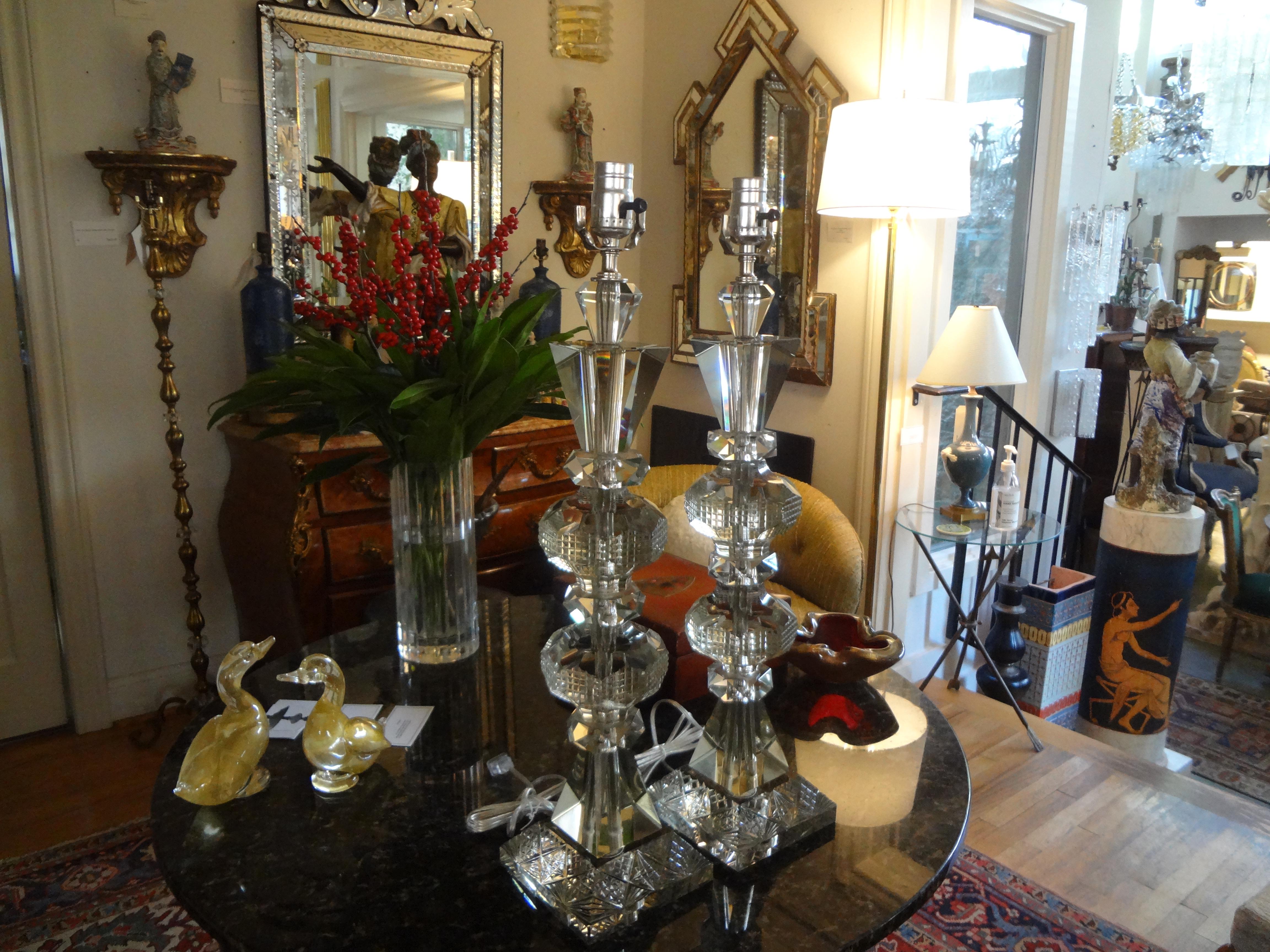 Large Pair of Geometric Cut Crystal Lamps For Sale 6