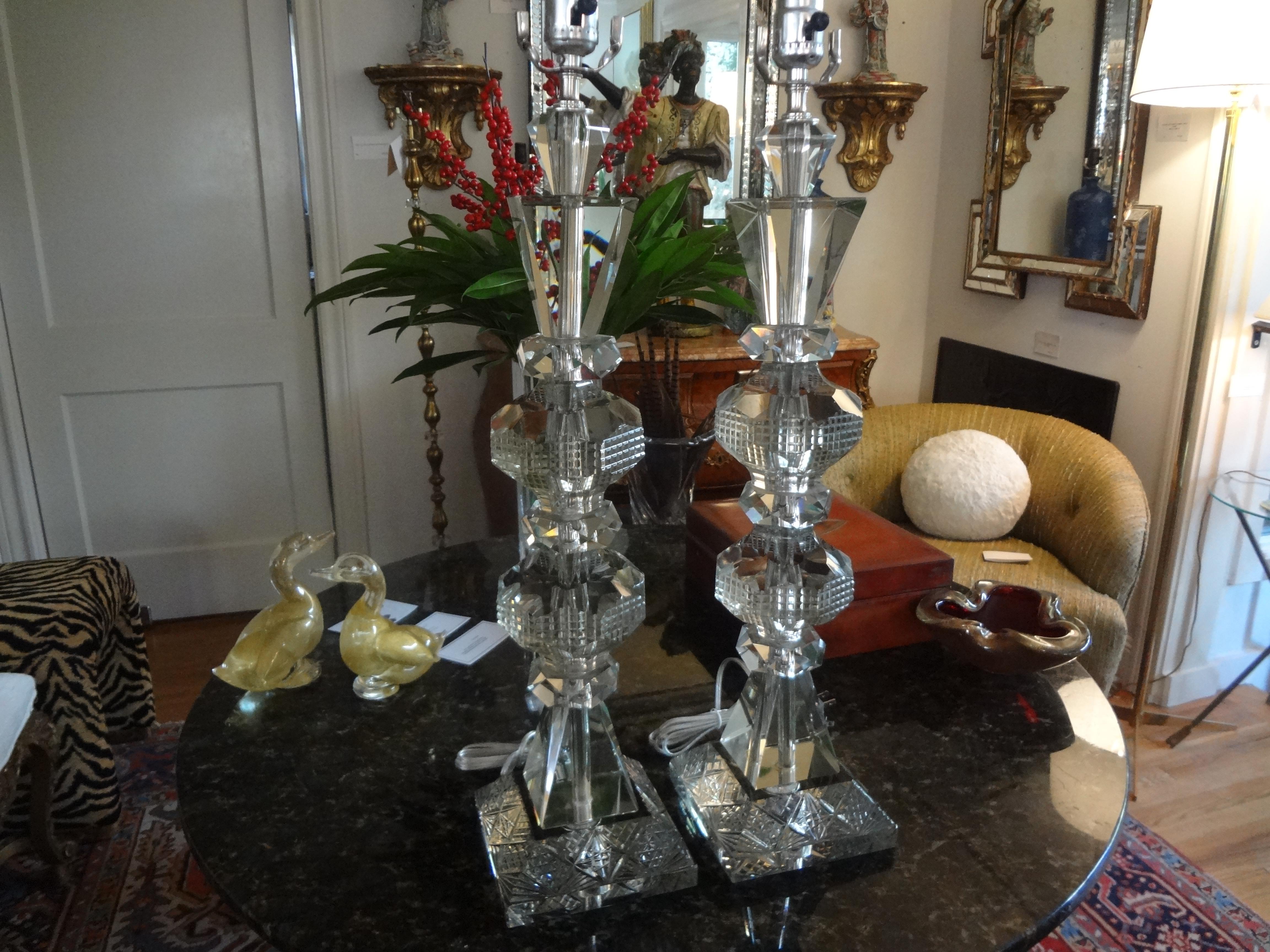 Large Pair of Geometric Cut Crystal Lamps For Sale 7