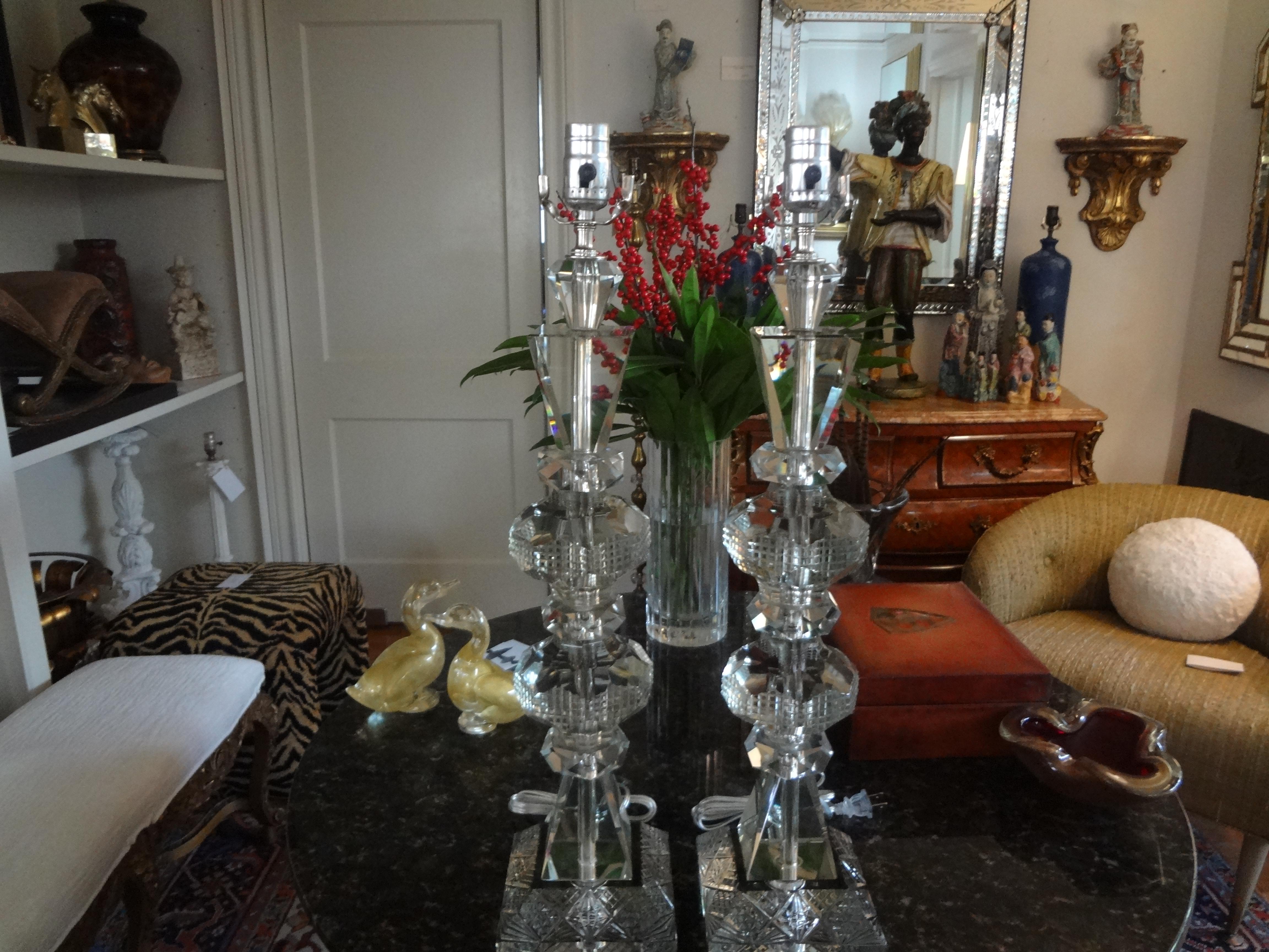 Art Deco Large Pair of Geometric Cut Crystal Lamps For Sale