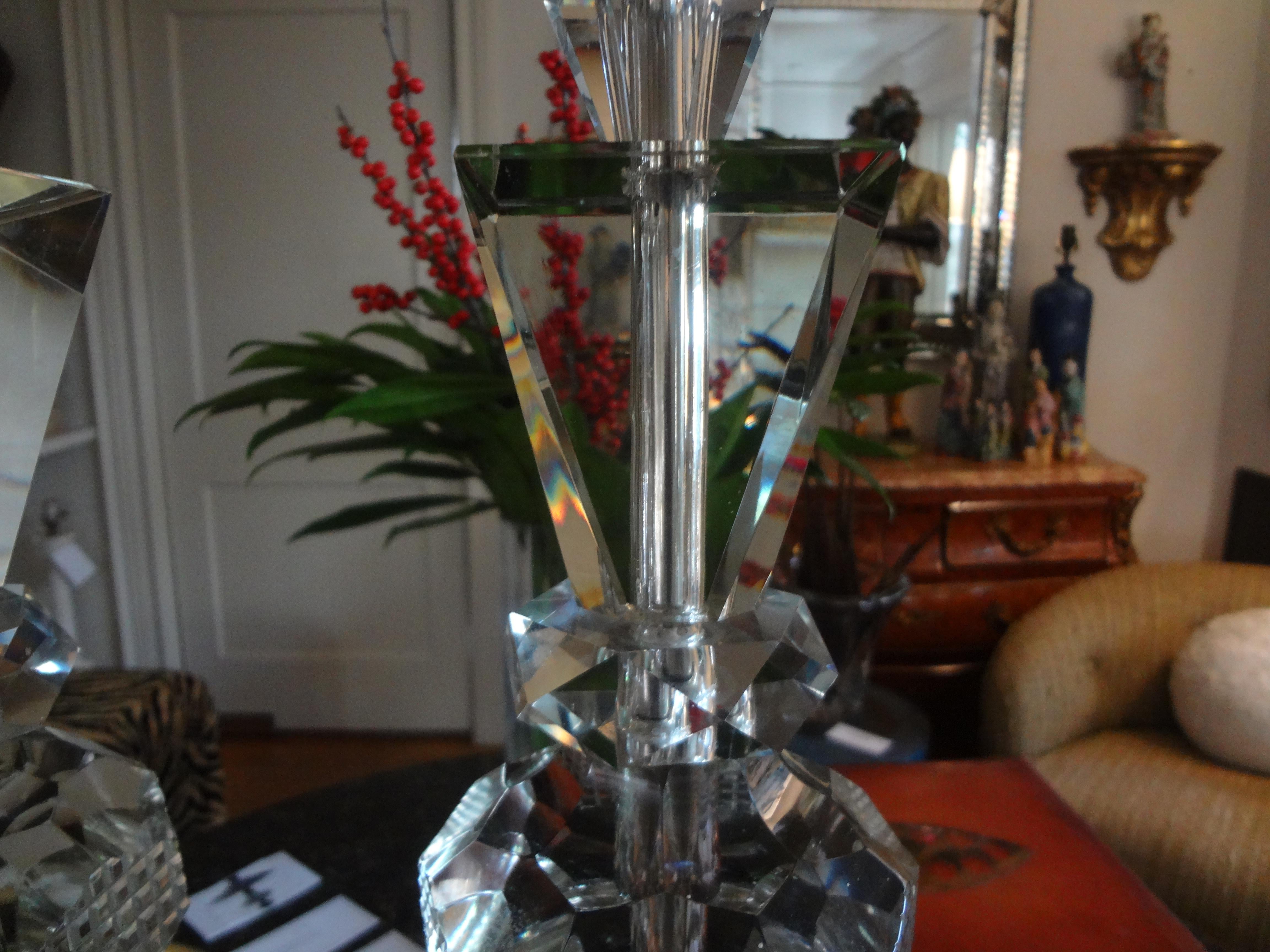 Large Pair of Geometric Cut Crystal Lamps In Good Condition For Sale In Houston, TX