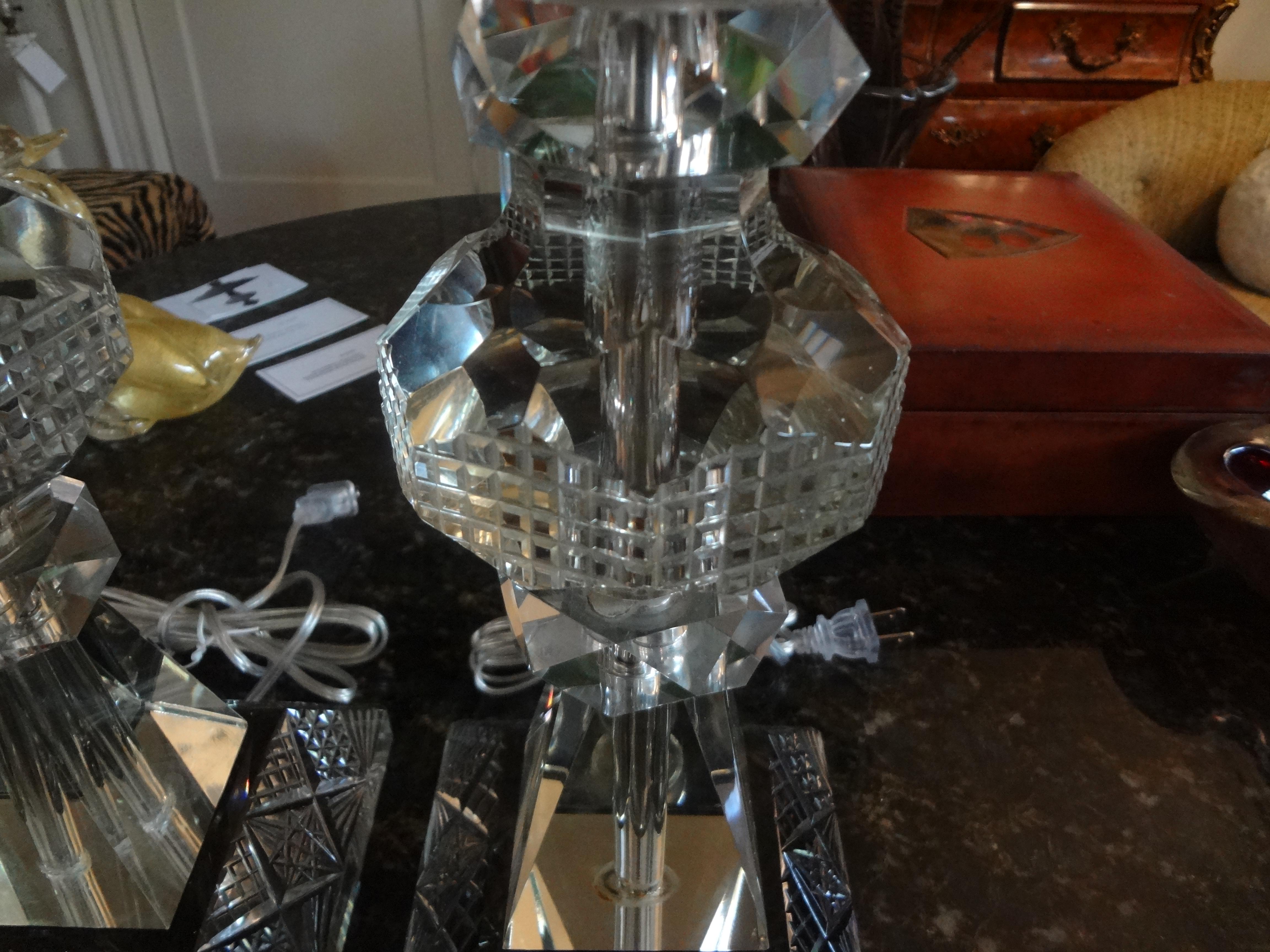 Large Pair of Geometric Cut Crystal Lamps For Sale 1