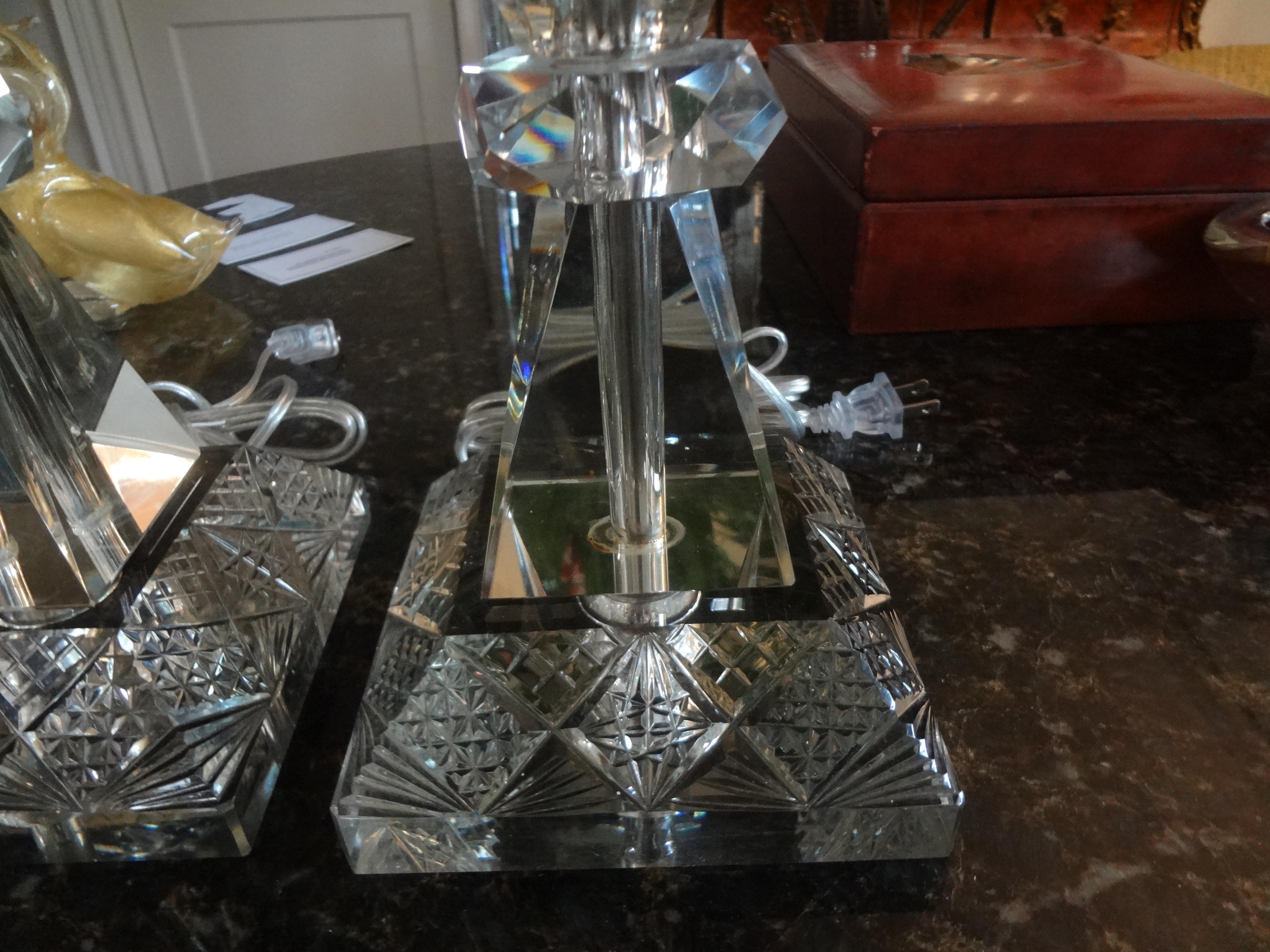 Large Pair of Geometric Cut Crystal Lamps For Sale 2