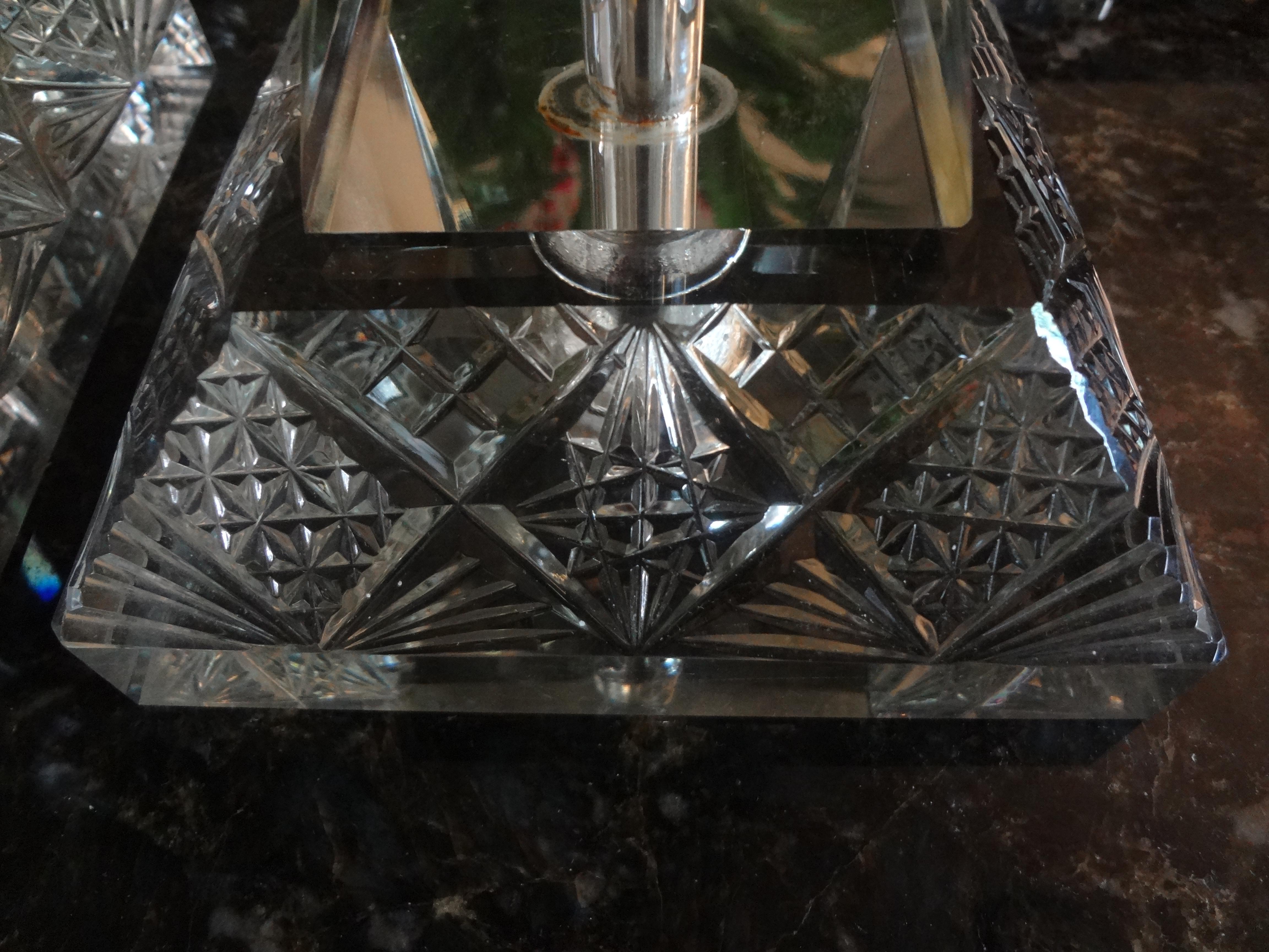 Large Pair of Geometric Cut Crystal Lamps For Sale 3