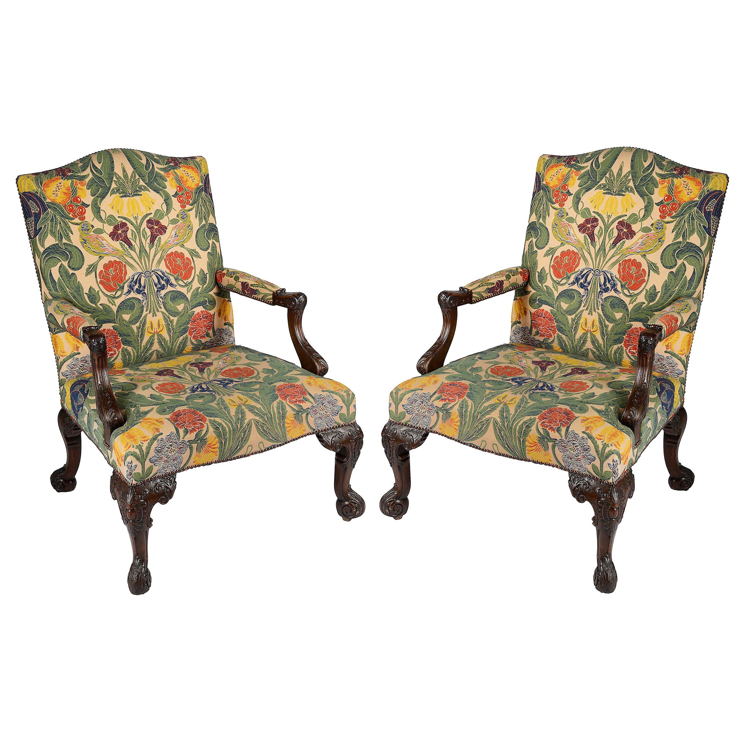 Large Pair of George II Style Mahogany Gainsborough Armchairs