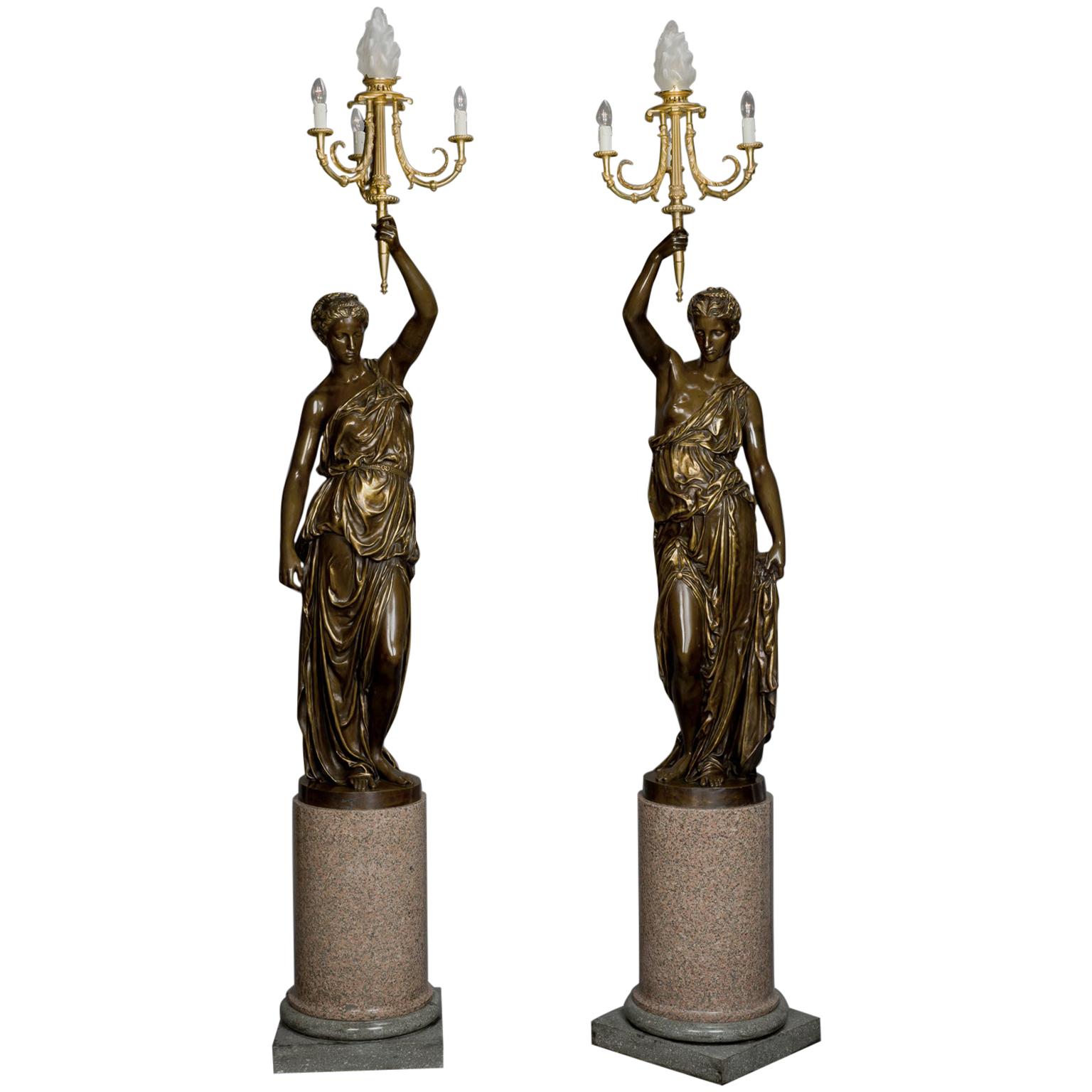 Large Pair of Gilt and Patinated Bronze Figural Candelabra, Cast by Barbedienne
