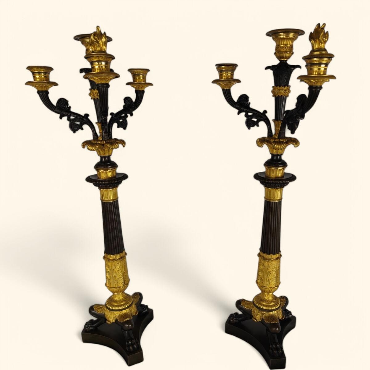 Grande coppia di candelabri in bronzo dorato - Periodo della Restaurazione francese (1815-1830) in vendita 6