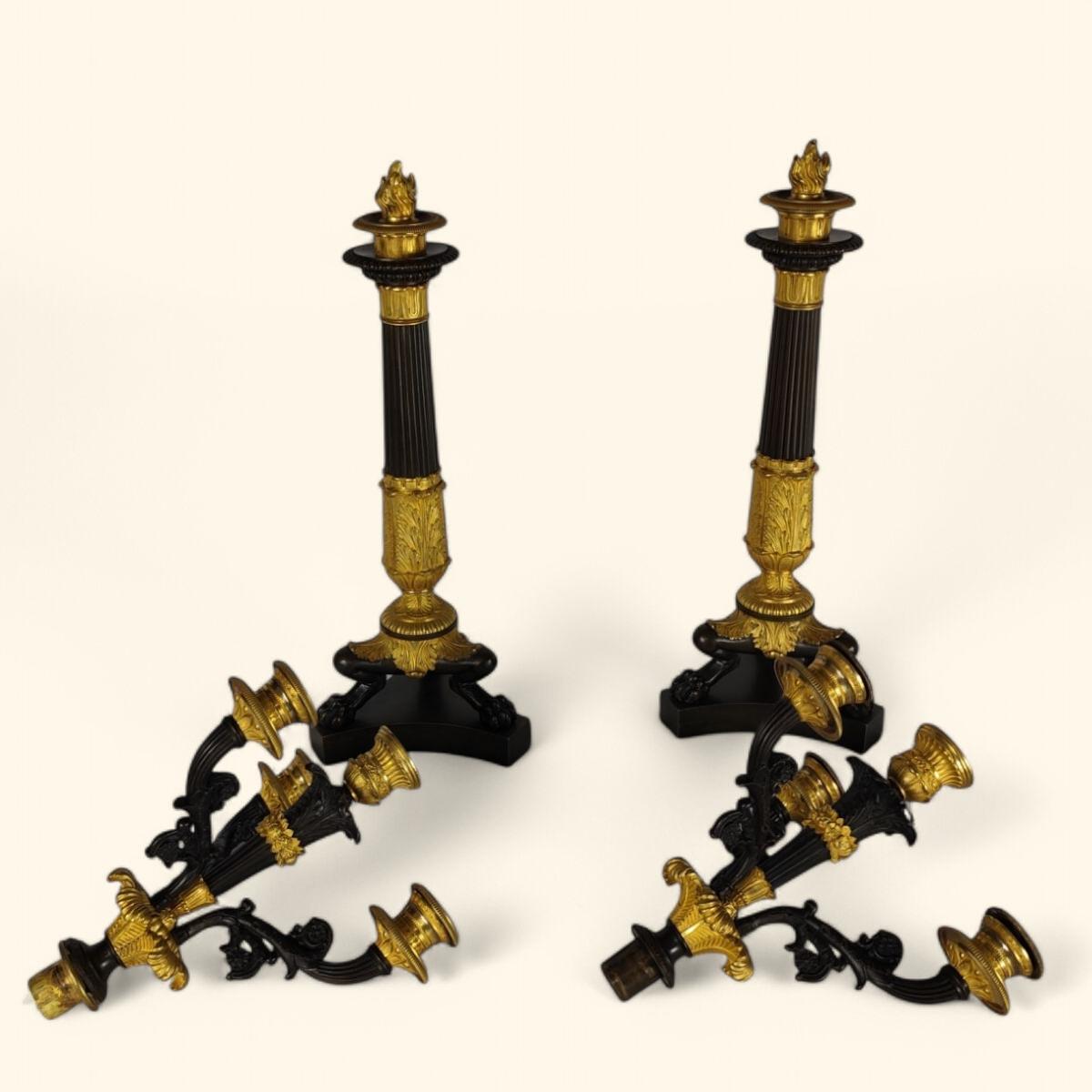 Grande coppia di candelabri in bronzo dorato - Periodo della Restaurazione francese (1815-1830) in vendita 8