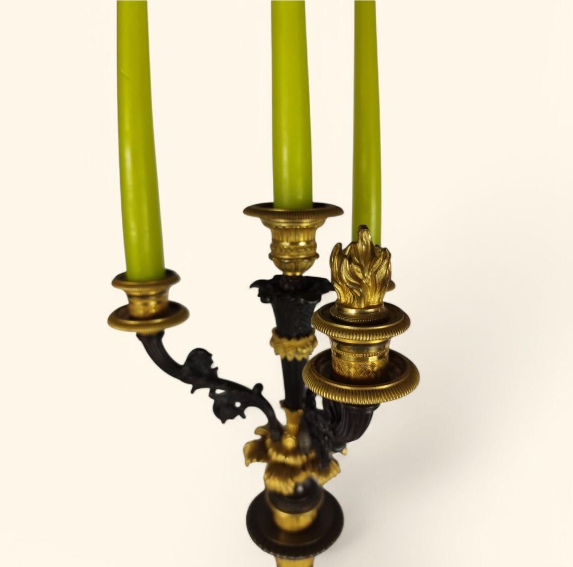 XIX secolo Grande coppia di candelabri in bronzo dorato - Periodo della Restaurazione francese (1815-1830) in vendita