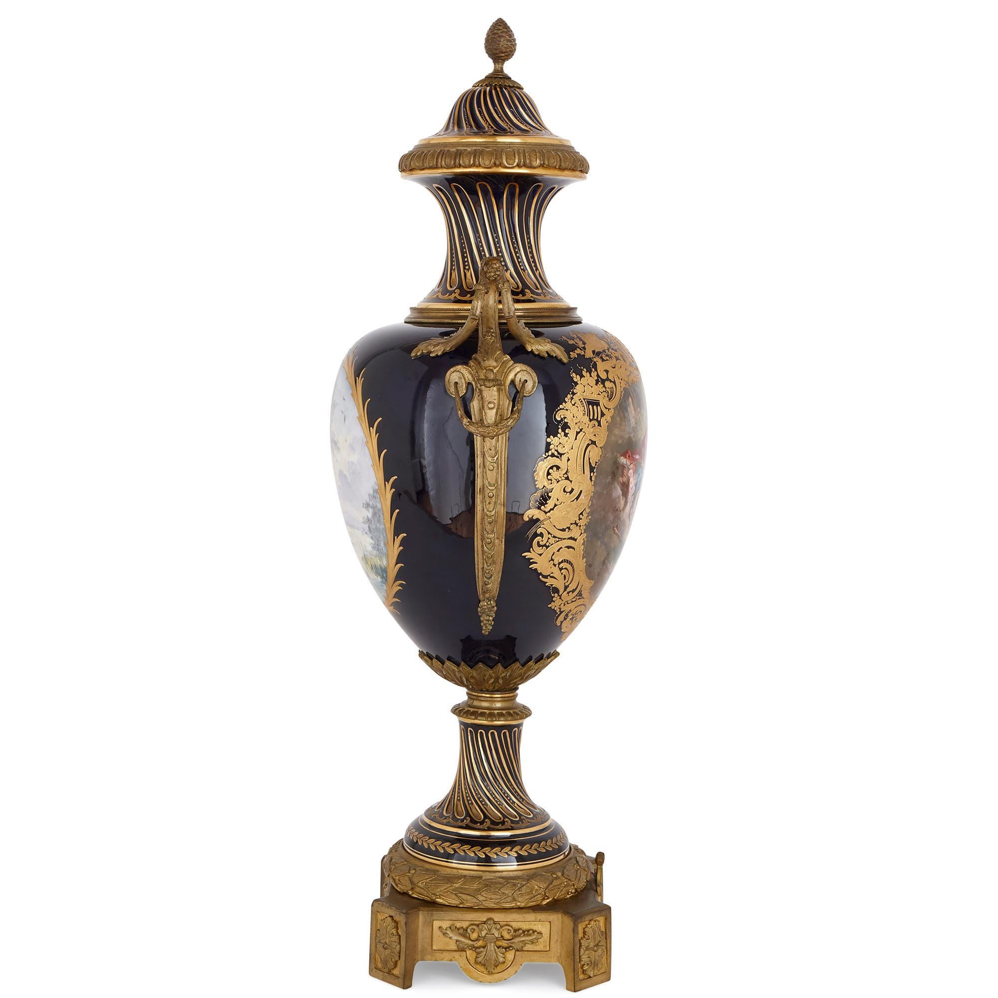 These Sèvres style vases are exceptional works of decorative art, which have been finely painted, gilded and adorned with gilt bronze (ormolu) mounts. The vases are designed in an elegant Rococo style, which was typical of porcelain created by the