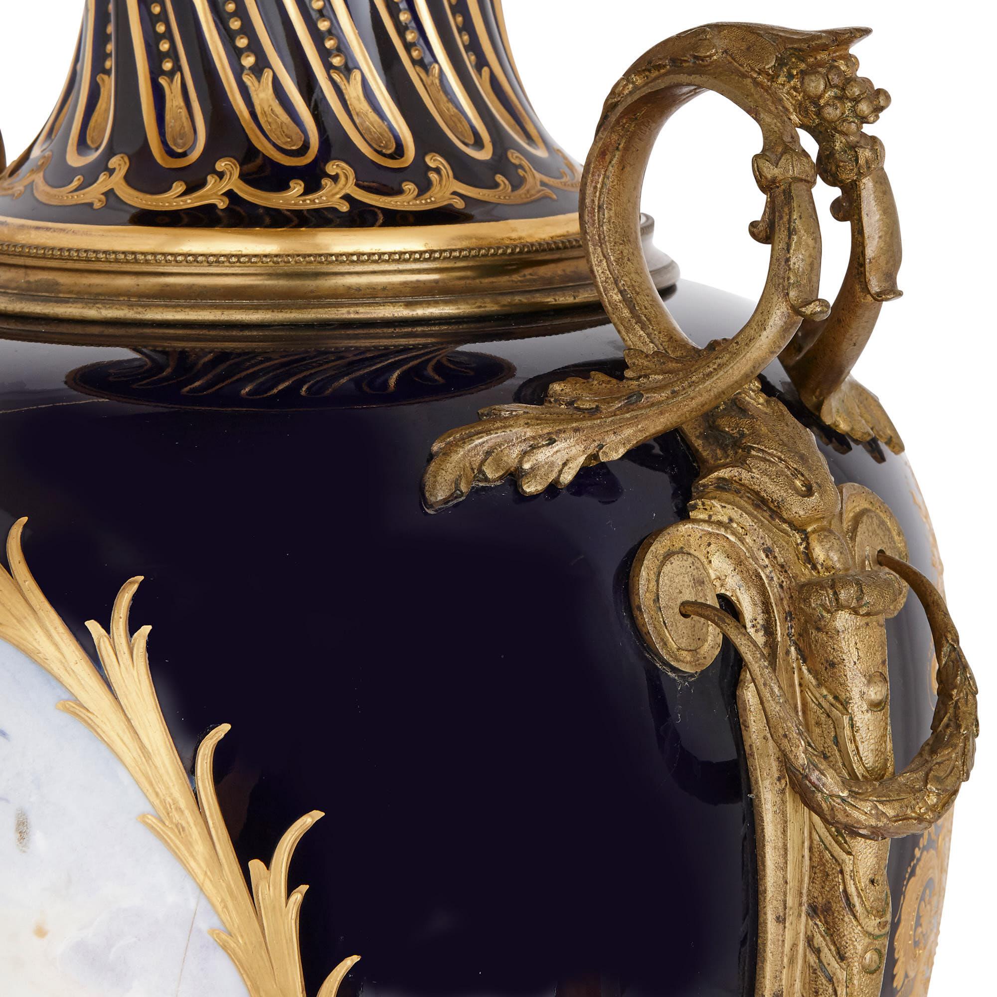 Rococo Large Pair of Gilt Bronze-Mounted Sèvres Style Porcelain Vases