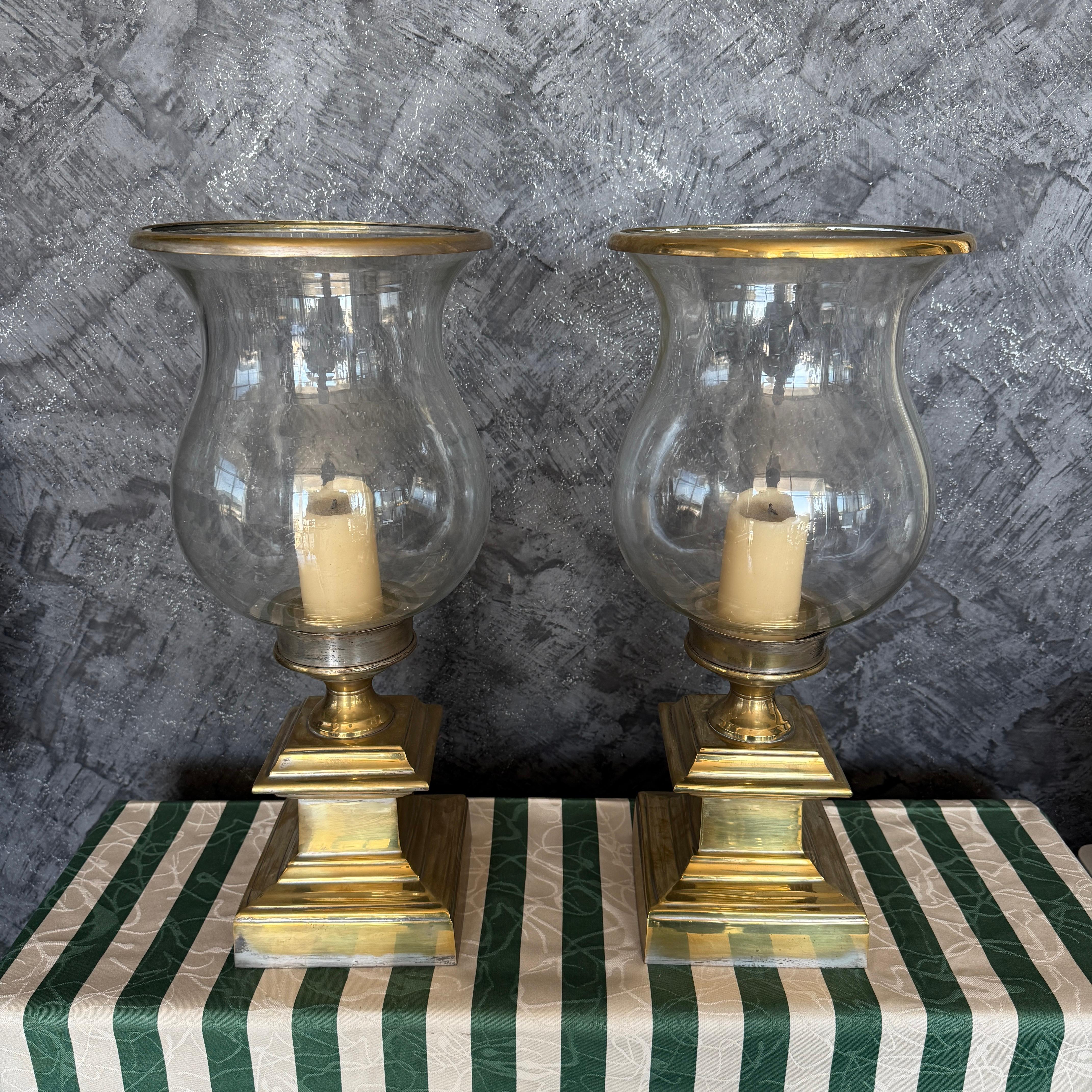 Gorgeous large pair of Glass & Brass Hurricane candle holders. 