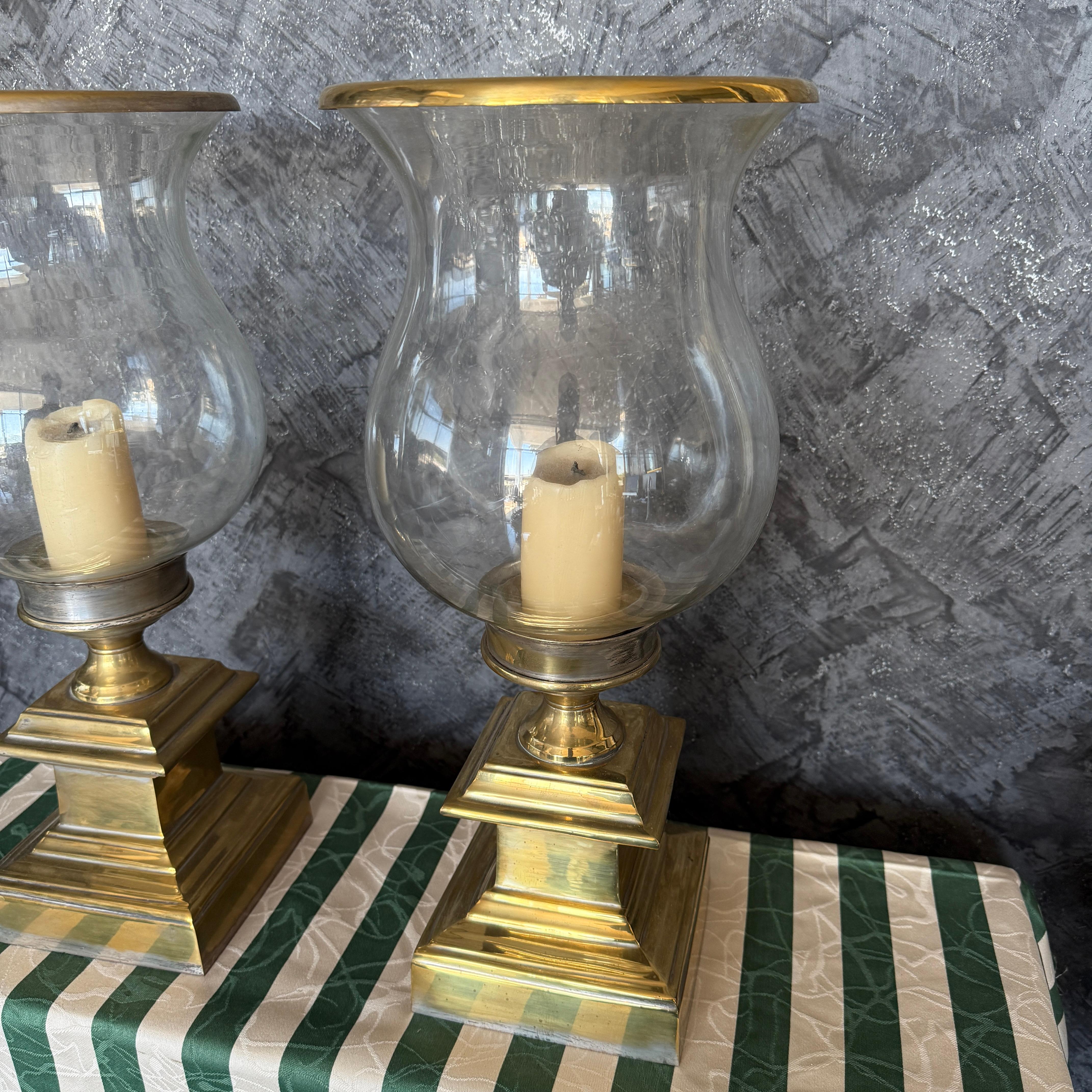 Italian Large pair of glass & brass Hurricane candle holders