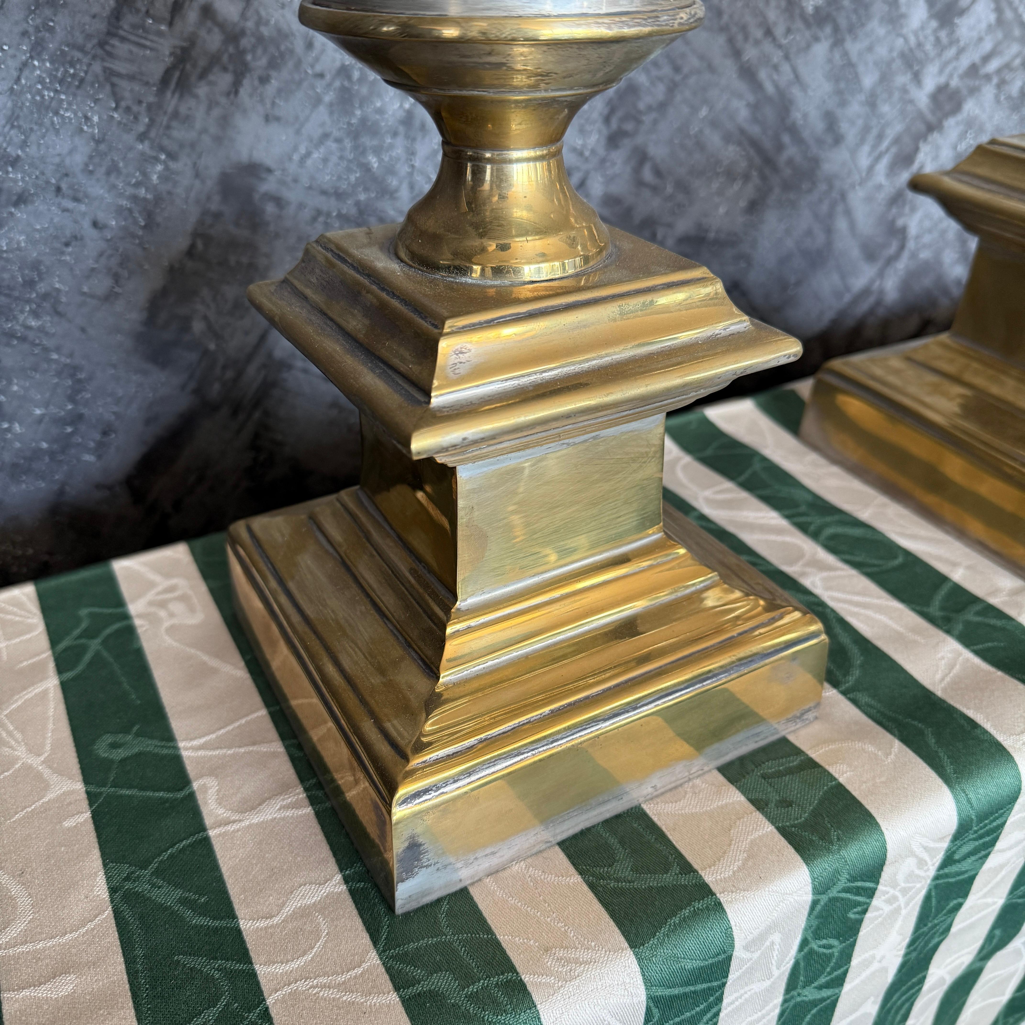 20th Century Large pair of glass & brass Hurricane candle holders