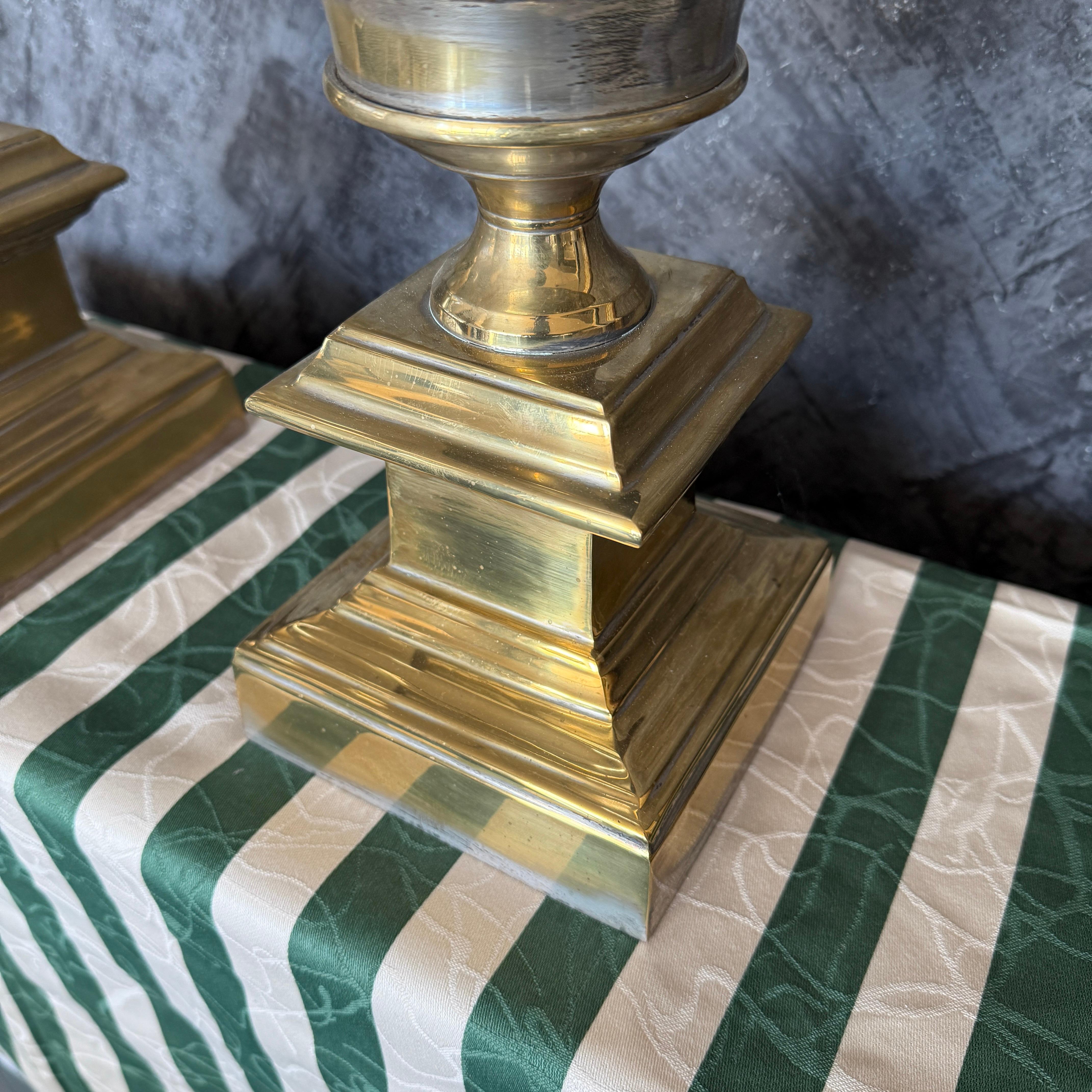 Brass Large pair of glass & brass Hurricane candle holders