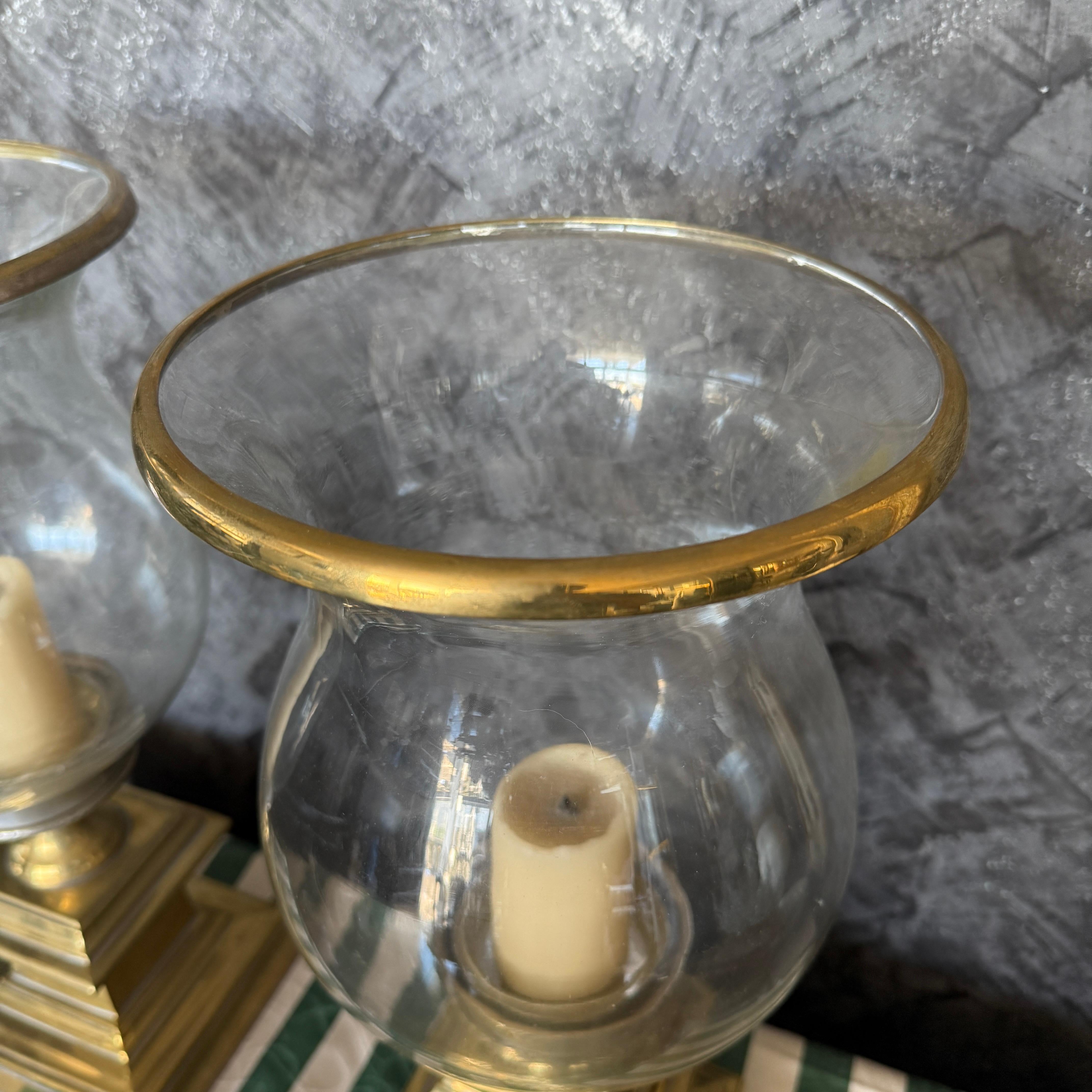Large pair of glass & brass Hurricane candle holders 1