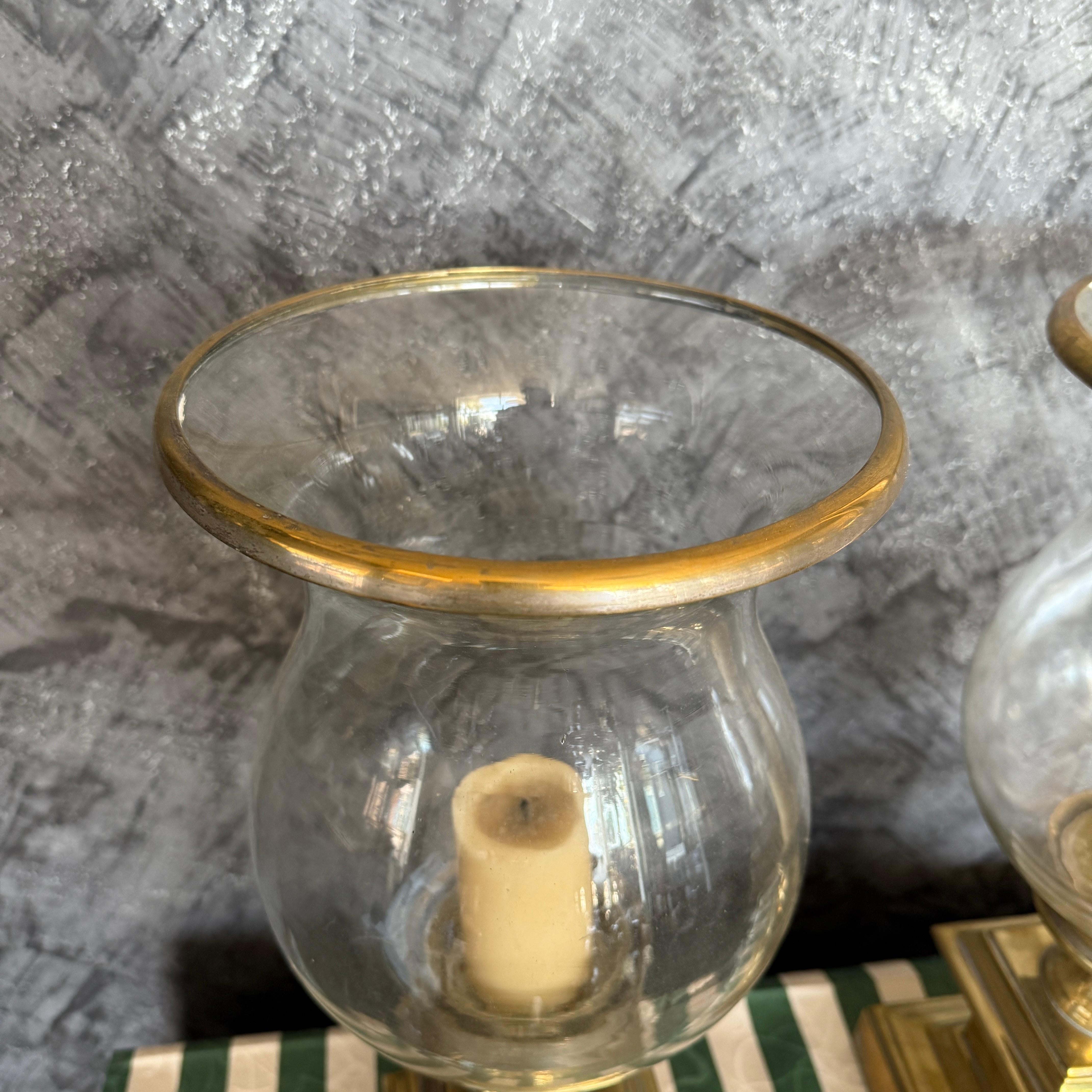 Large pair of glass & brass Hurricane candle holders 2