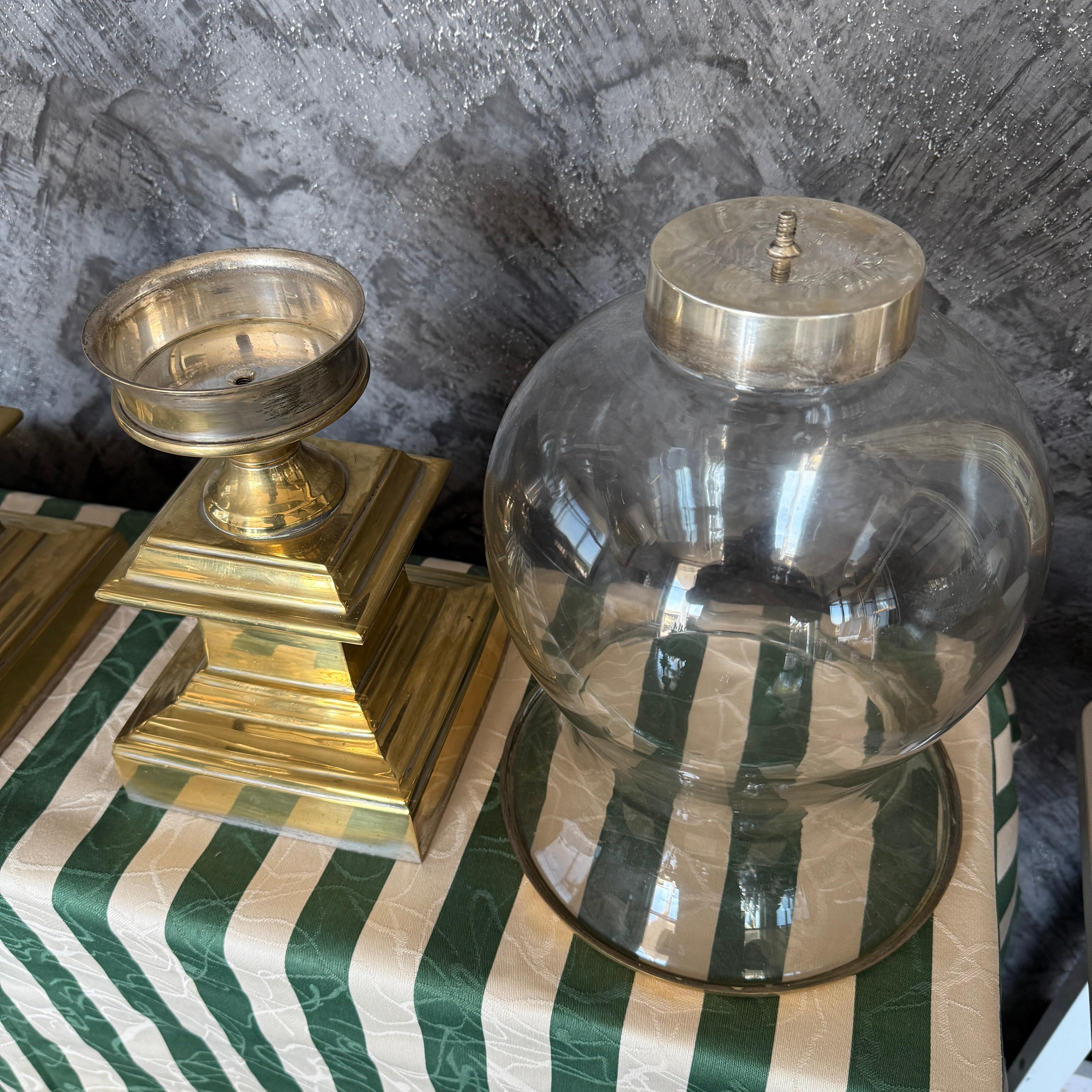 Large pair of glass & brass Hurricane candle holders 3