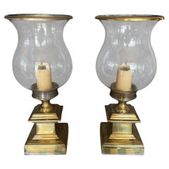 Large pair of glass & brass Hurricane candle holders