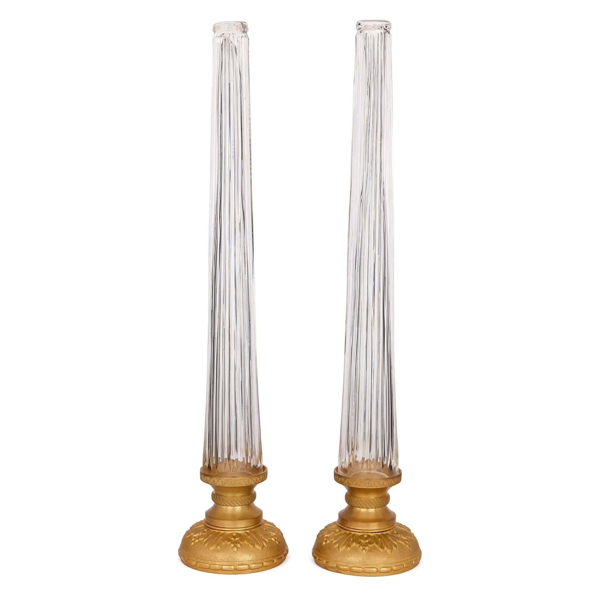 Large Pair of Glass Lamp Stands with Gilt Bases