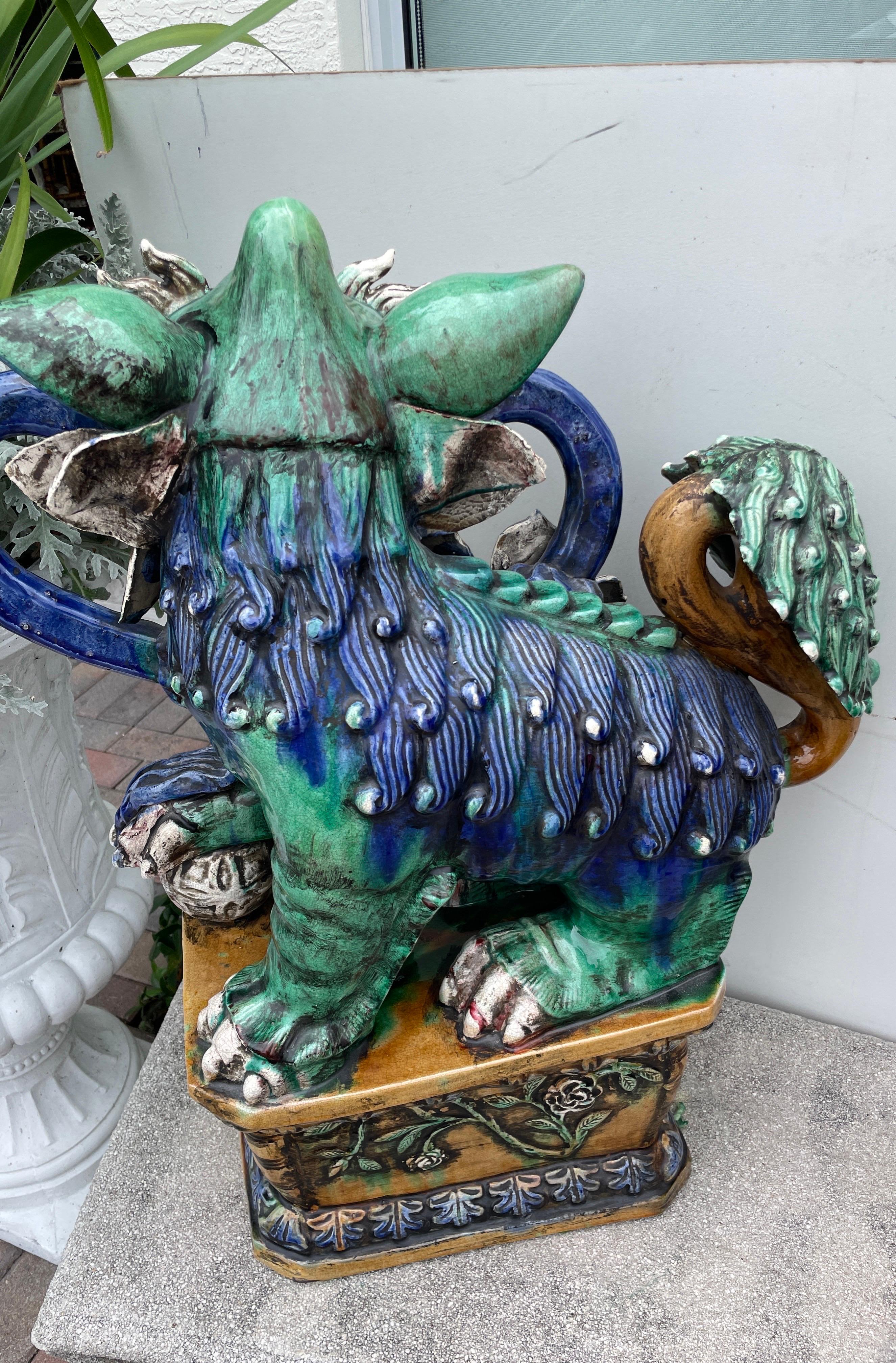 Large Pair of Glazed Terra Cotta Foo Dogs For Sale 4