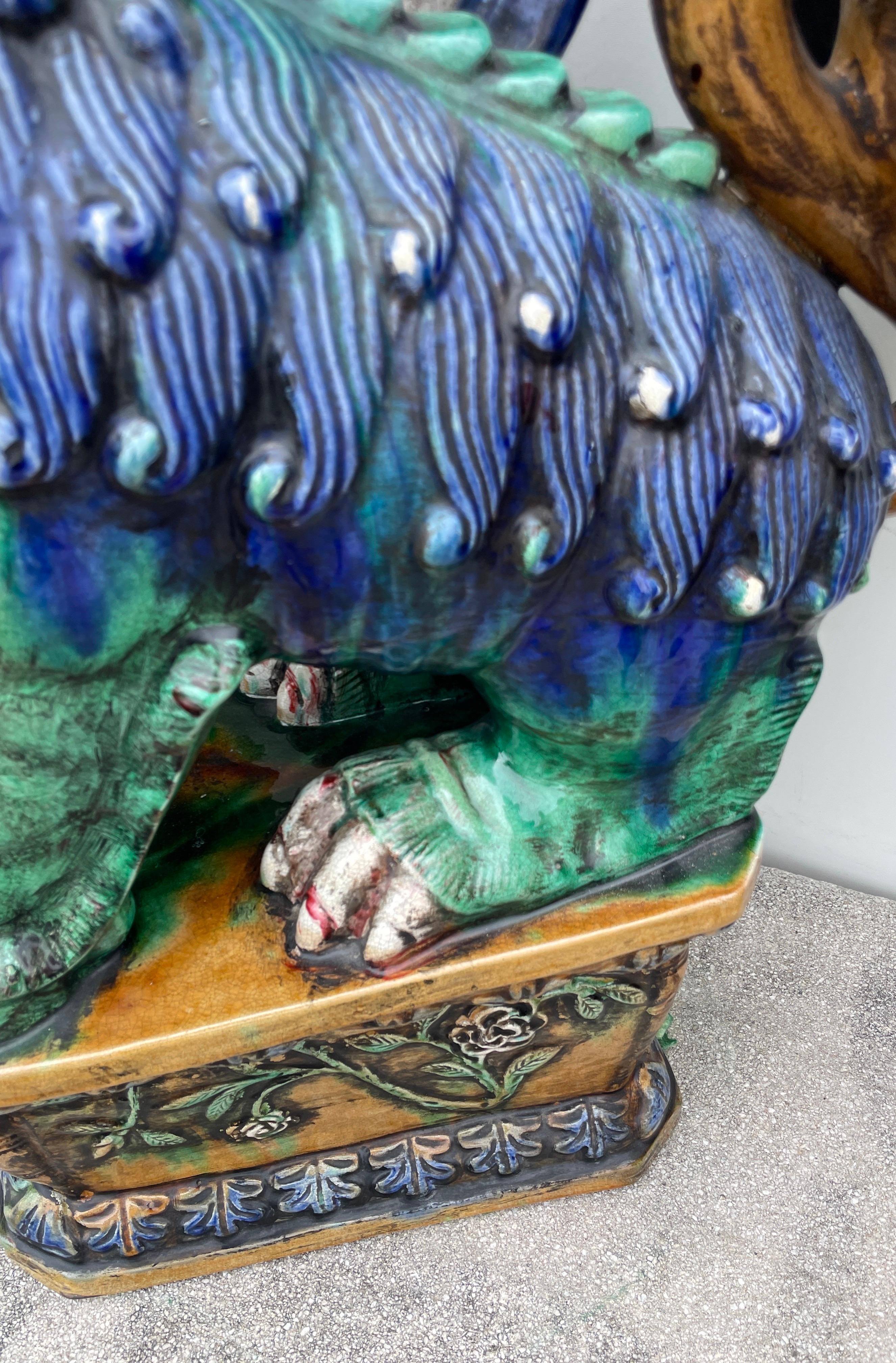 Large Pair of Glazed Terra Cotta Foo Dogs For Sale 5