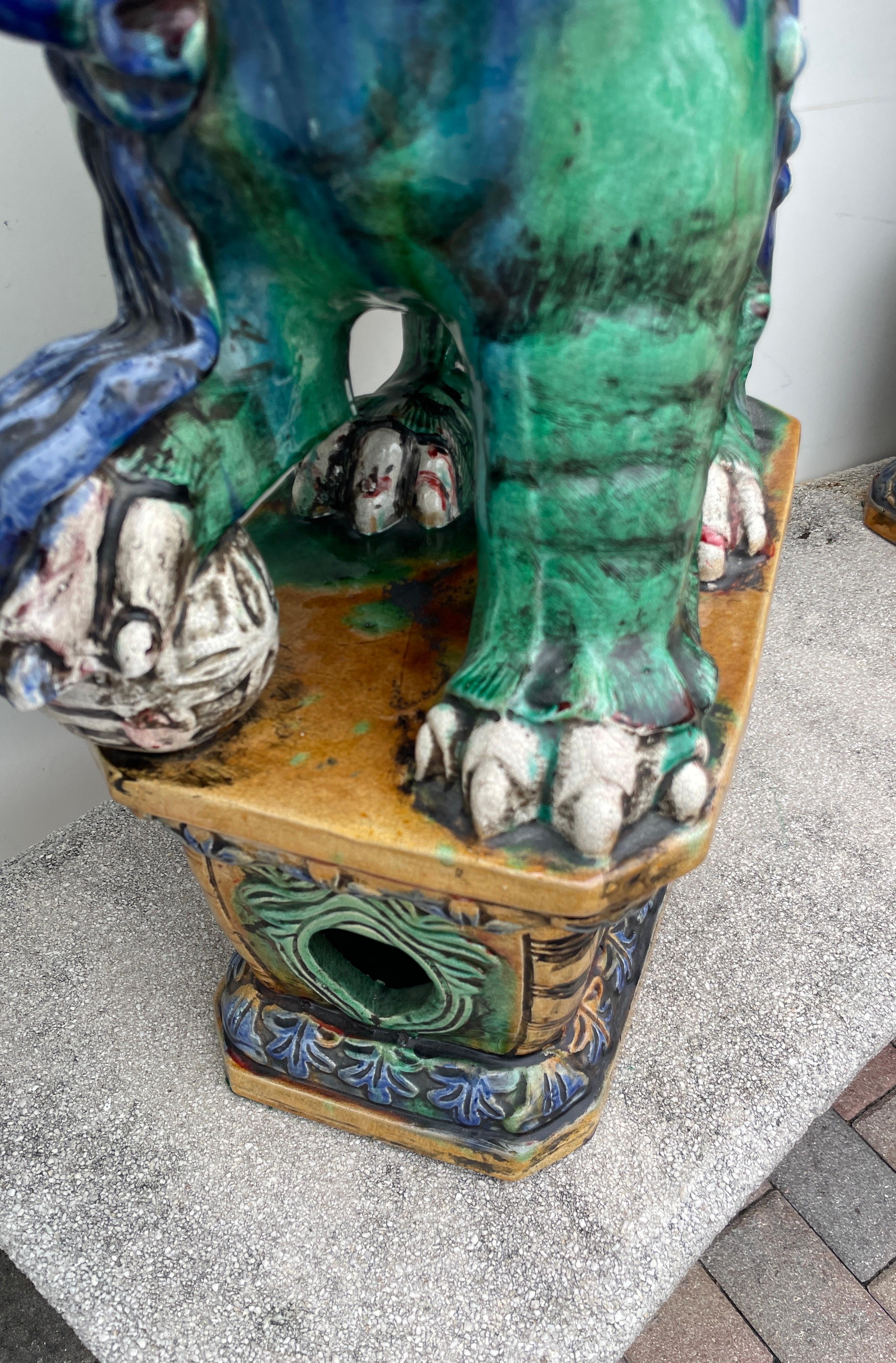 Large Pair of Glazed Terra Cotta Foo Dogs For Sale 8