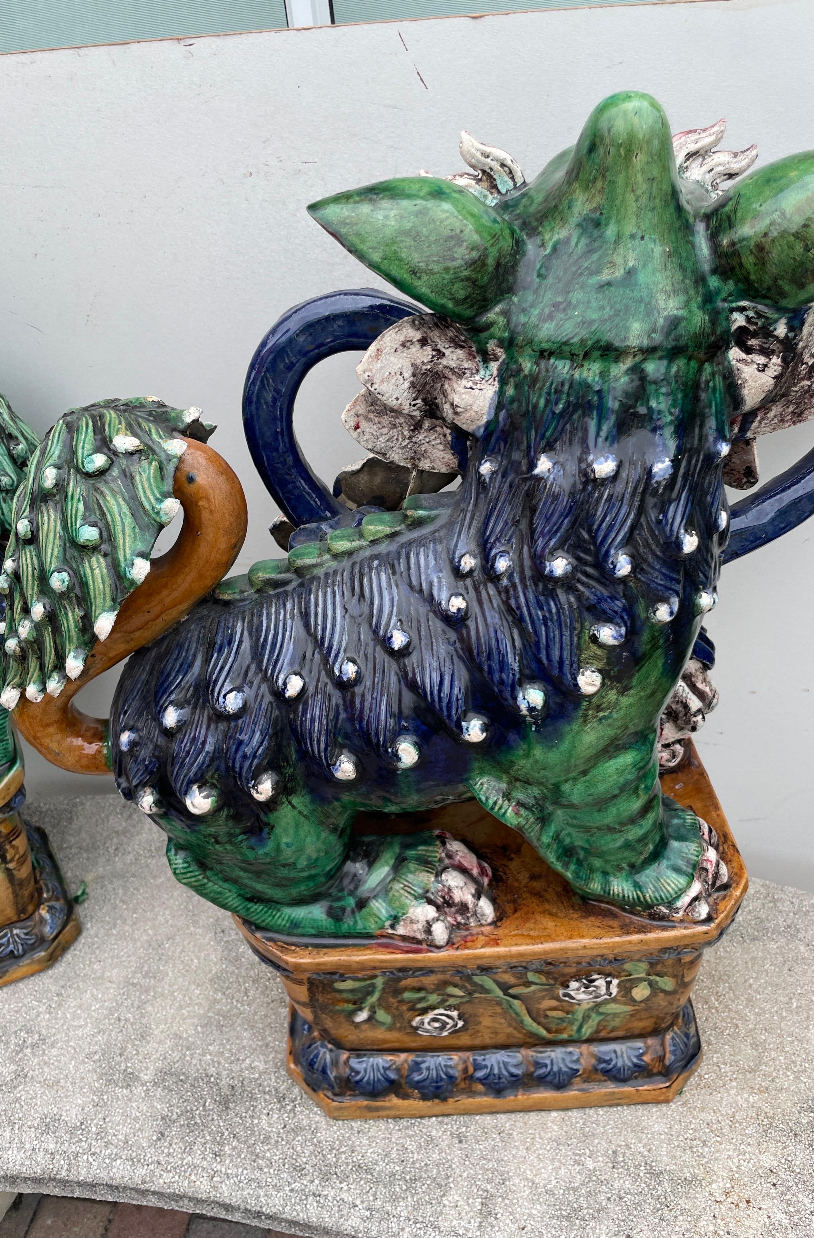 Large Pair of Glazed Terra Cotta Foo Dogs For Sale 10