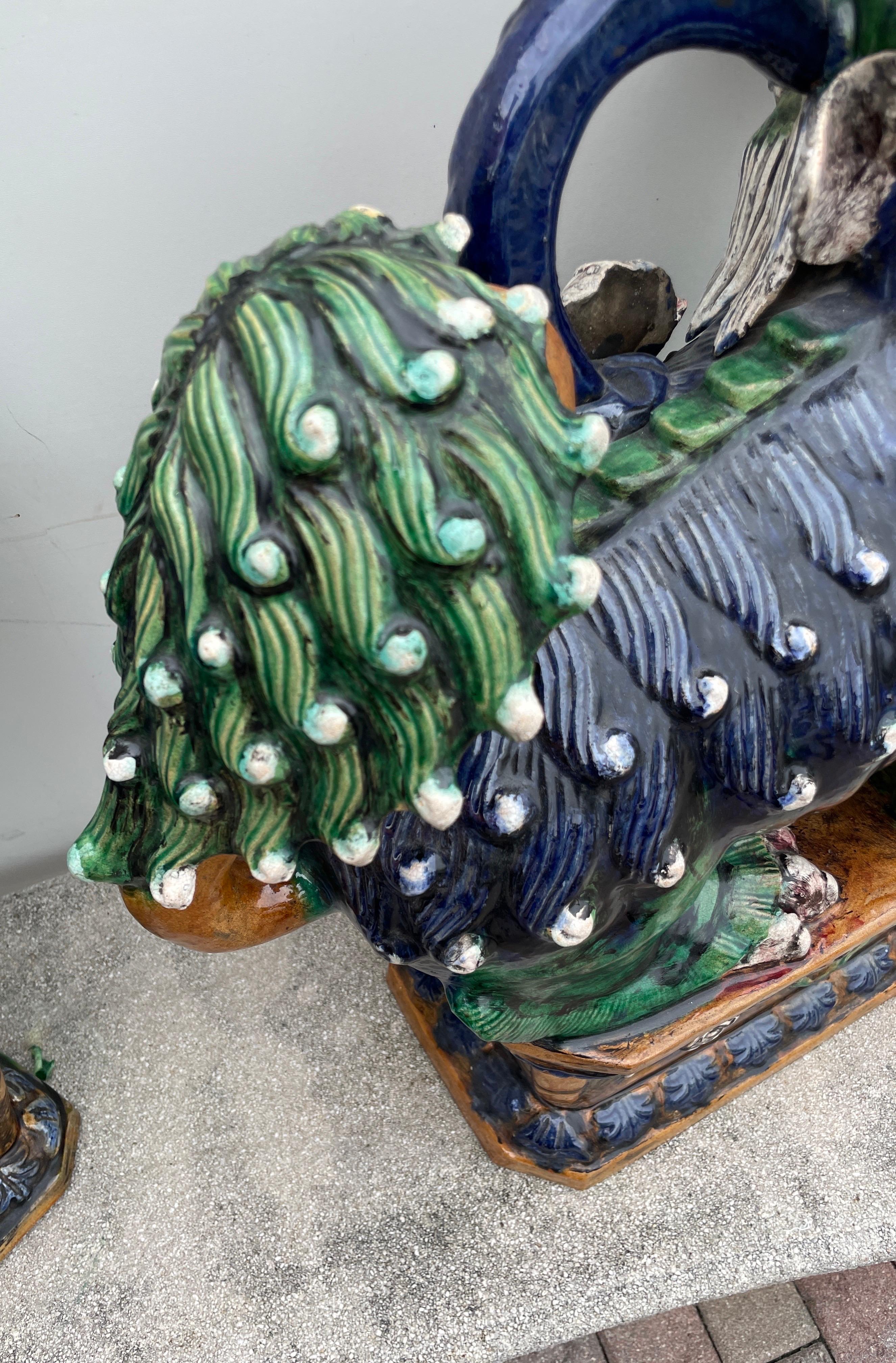 Large Pair of Glazed Terra Cotta Foo Dogs For Sale 12
