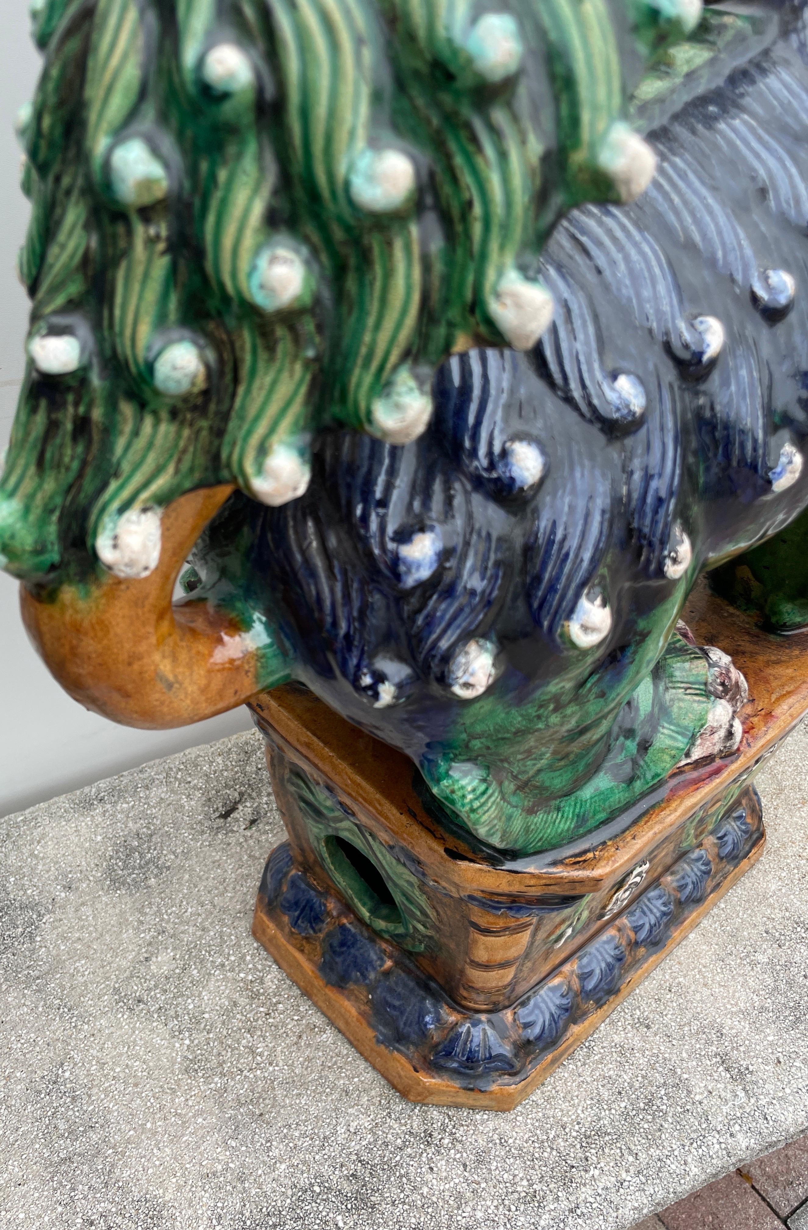 Large Pair of Glazed Terra Cotta Foo Dogs For Sale 13