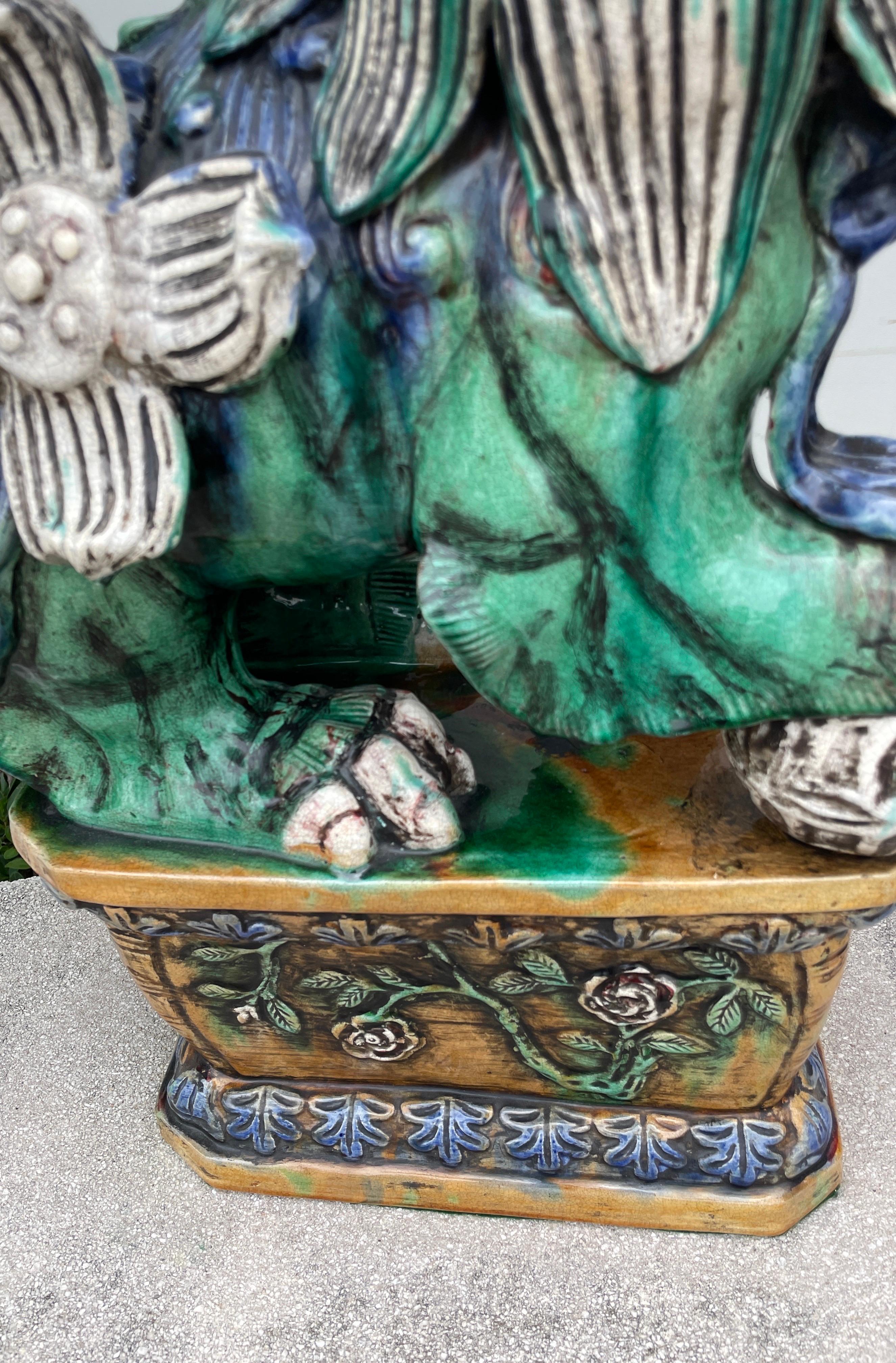 Large Pair of Glazed Terra Cotta Foo Dogs In Good Condition For Sale In West Palm Beach, FL