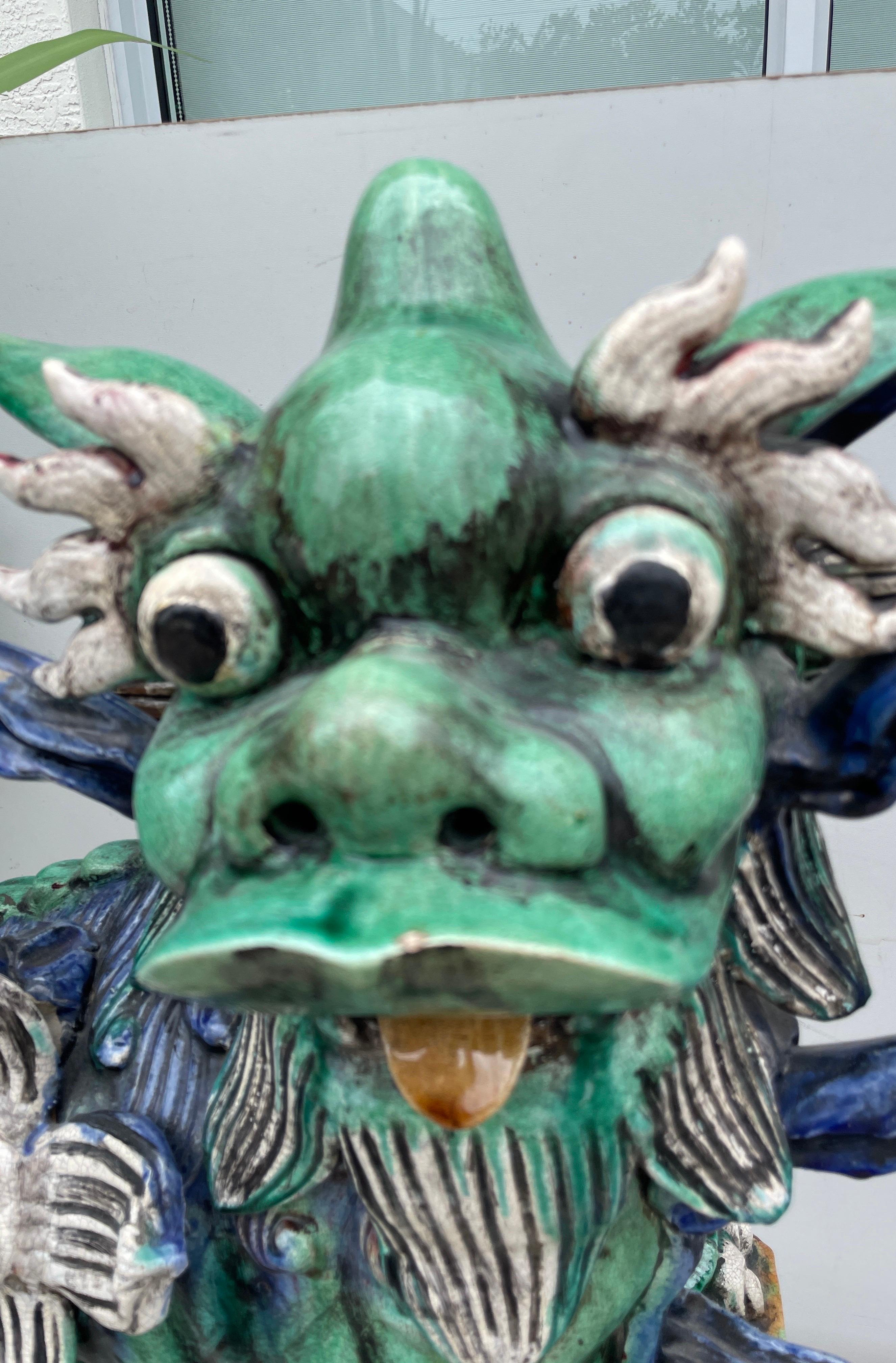 Terracotta Large Pair of Glazed Terra Cotta Foo Dogs For Sale