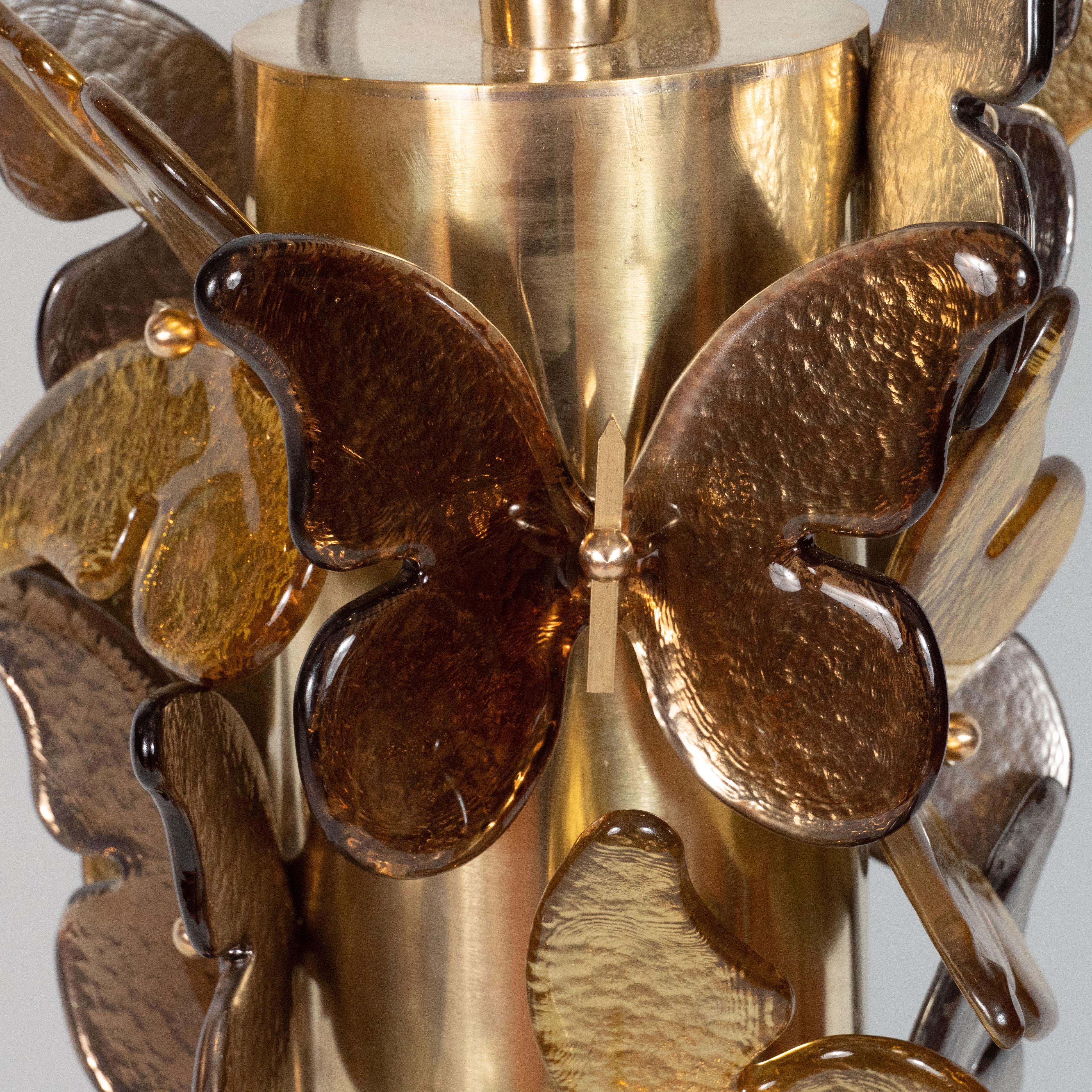 Brass Large Pair of Gold and Bronze Metallic Murano Glass Butterfly Lamps, Italy