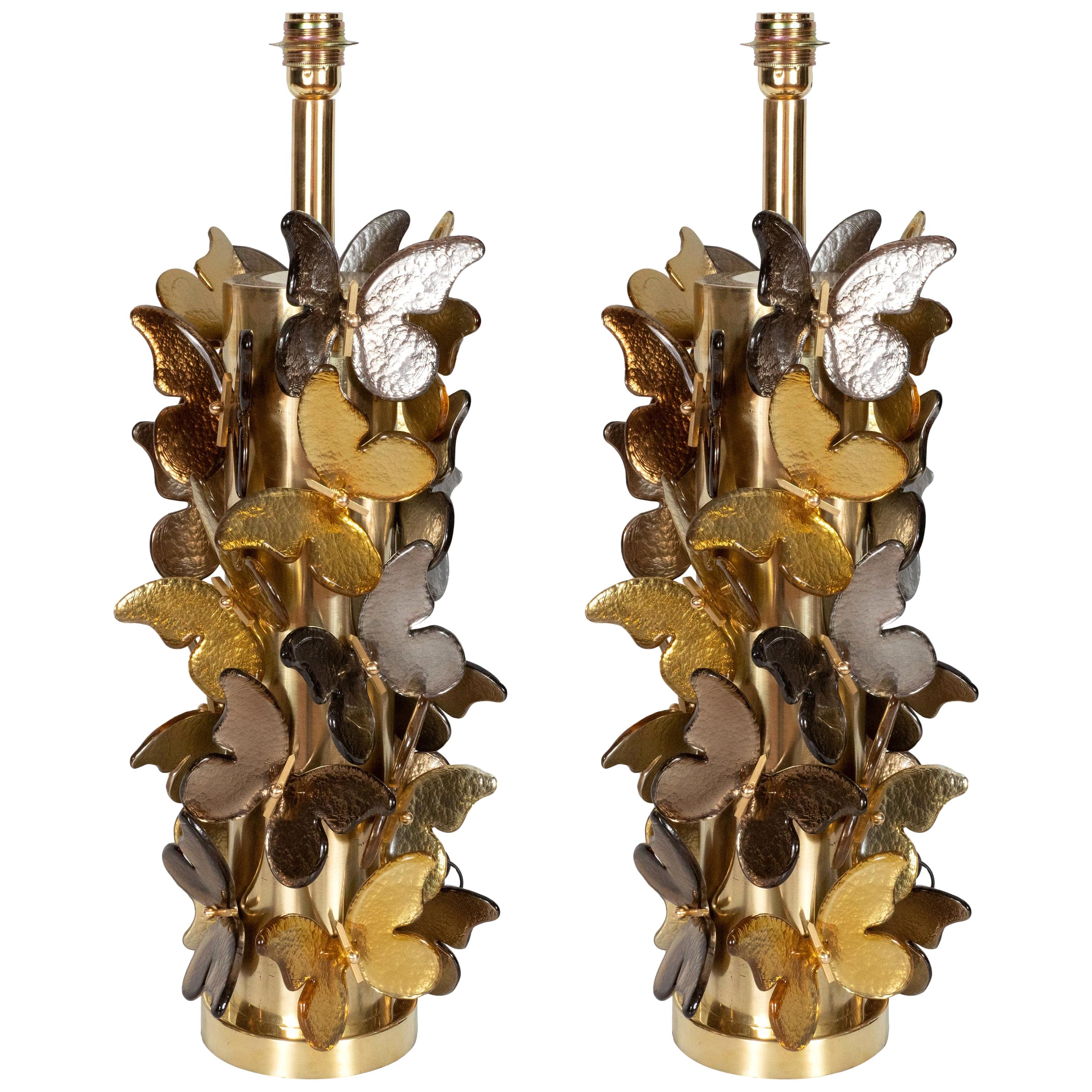Large Pair of Gold and Bronze Metallic Murano Glass Butterfly Lamps, Italy