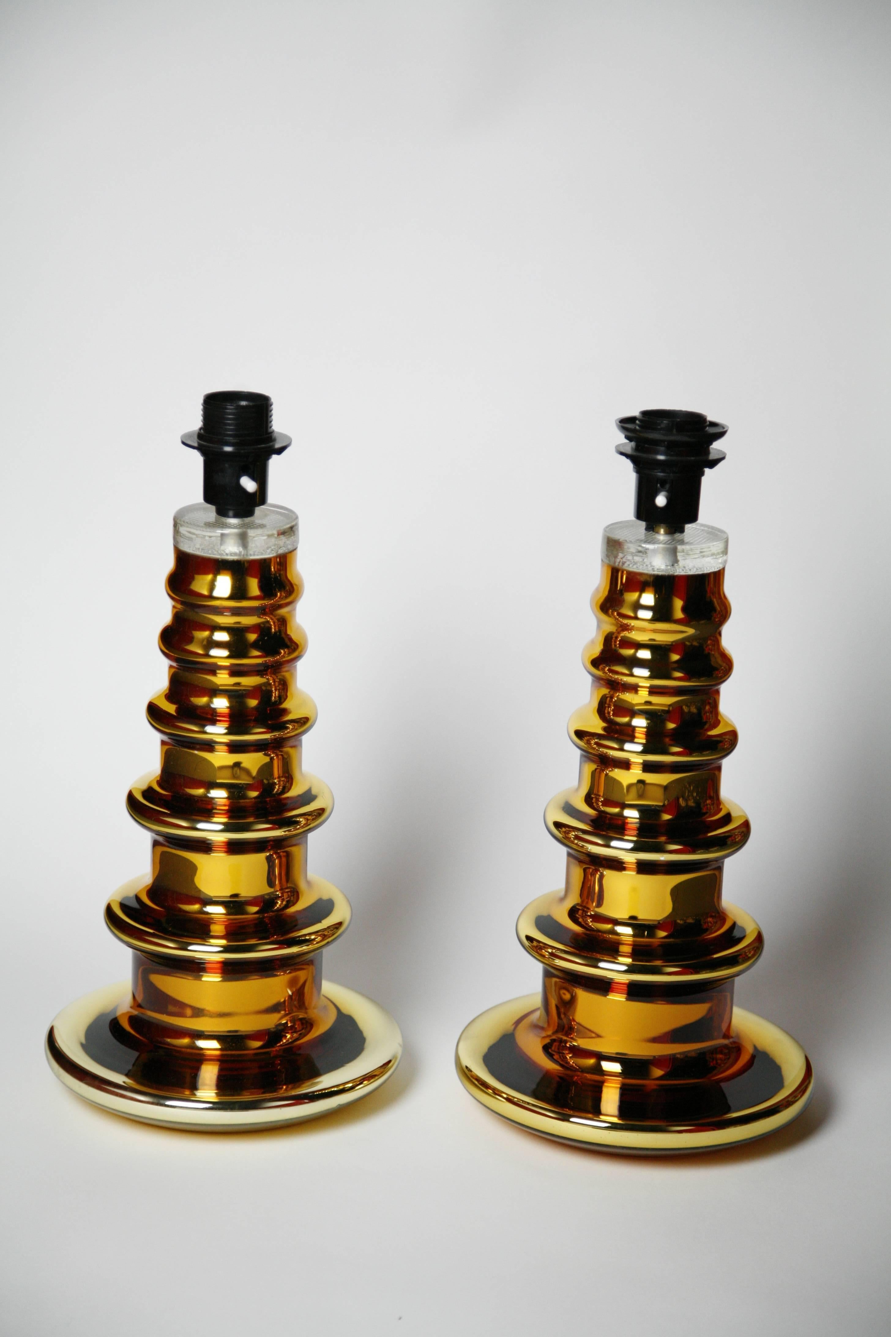 Mid-Century Modern Large Pair of Gold Glass Lamps by Flygsfors, Sweden, 1970