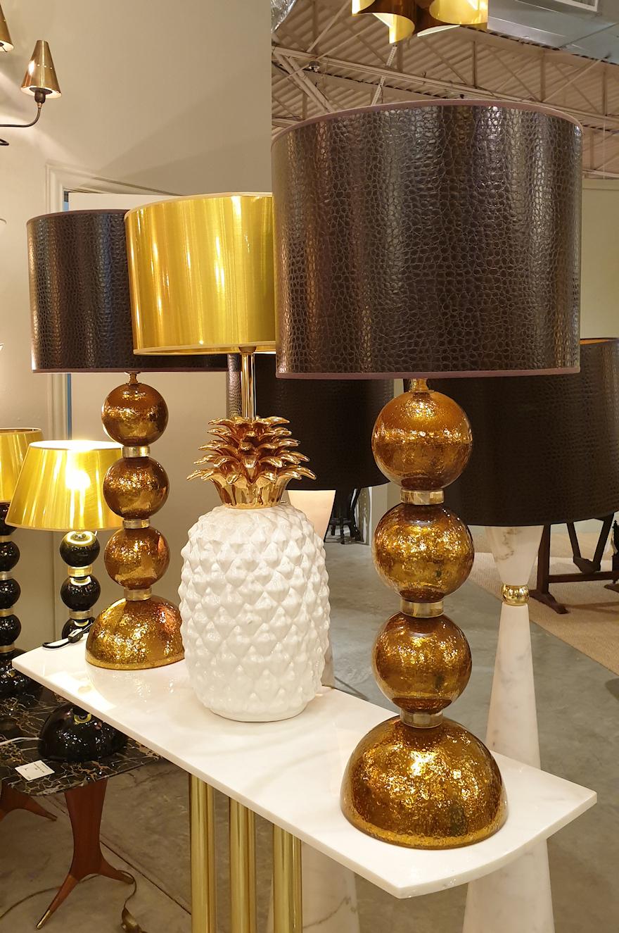 Italian Large Pair Gold Murano Glass Table Lamps, Mid-Century Modern, Mazzega Style 1970