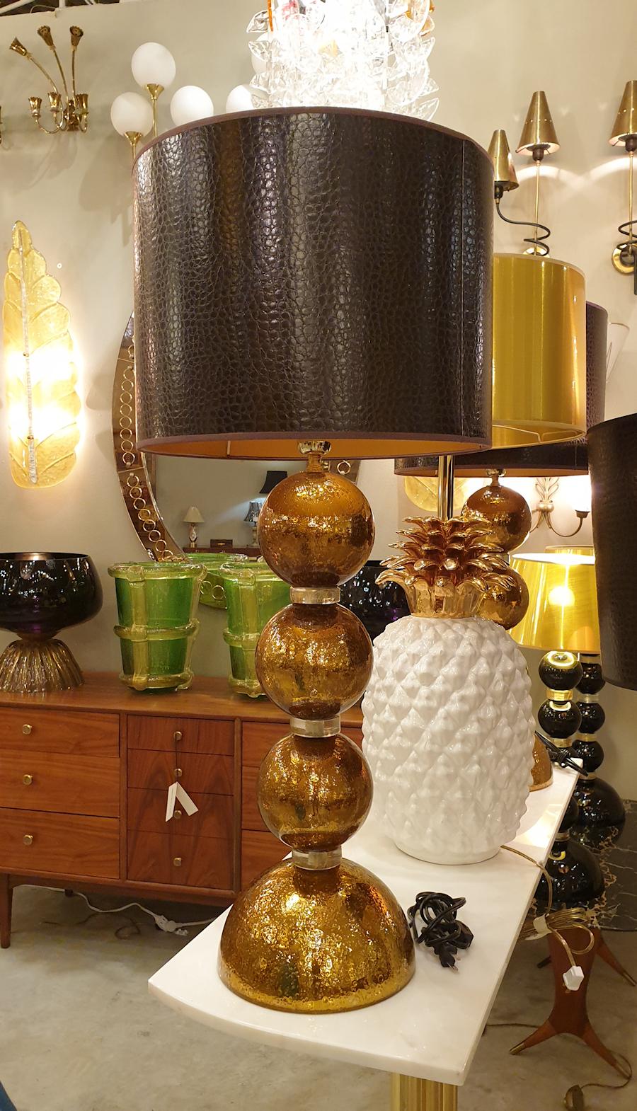 Large Pair Gold Murano Glass Table Lamps, Mid-Century Modern, Mazzega Style 1970 In Excellent Condition In Dallas, TX