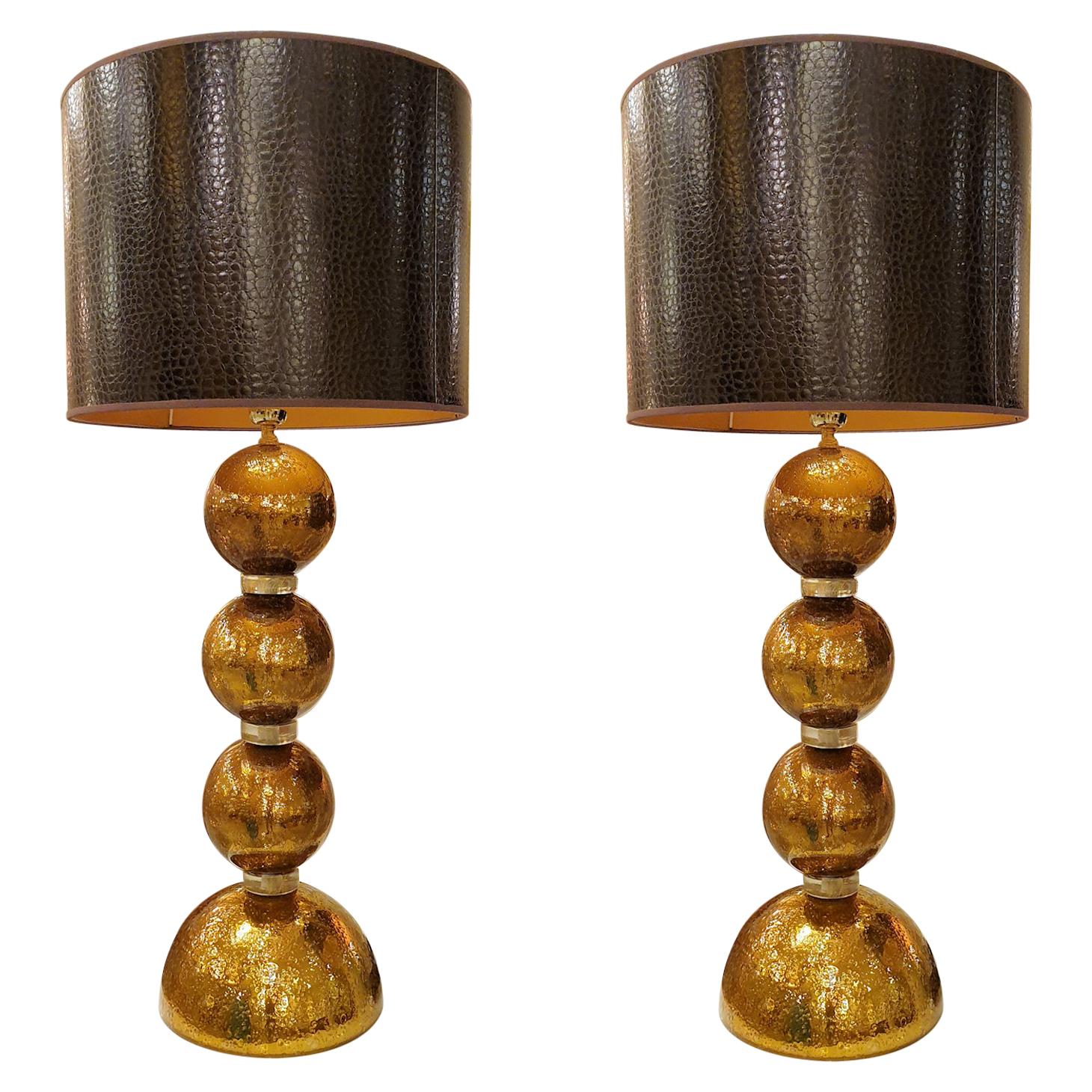 Large Pair Gold Murano Glass Table Lamps, Mid-Century Modern, Mazzega Style 1970