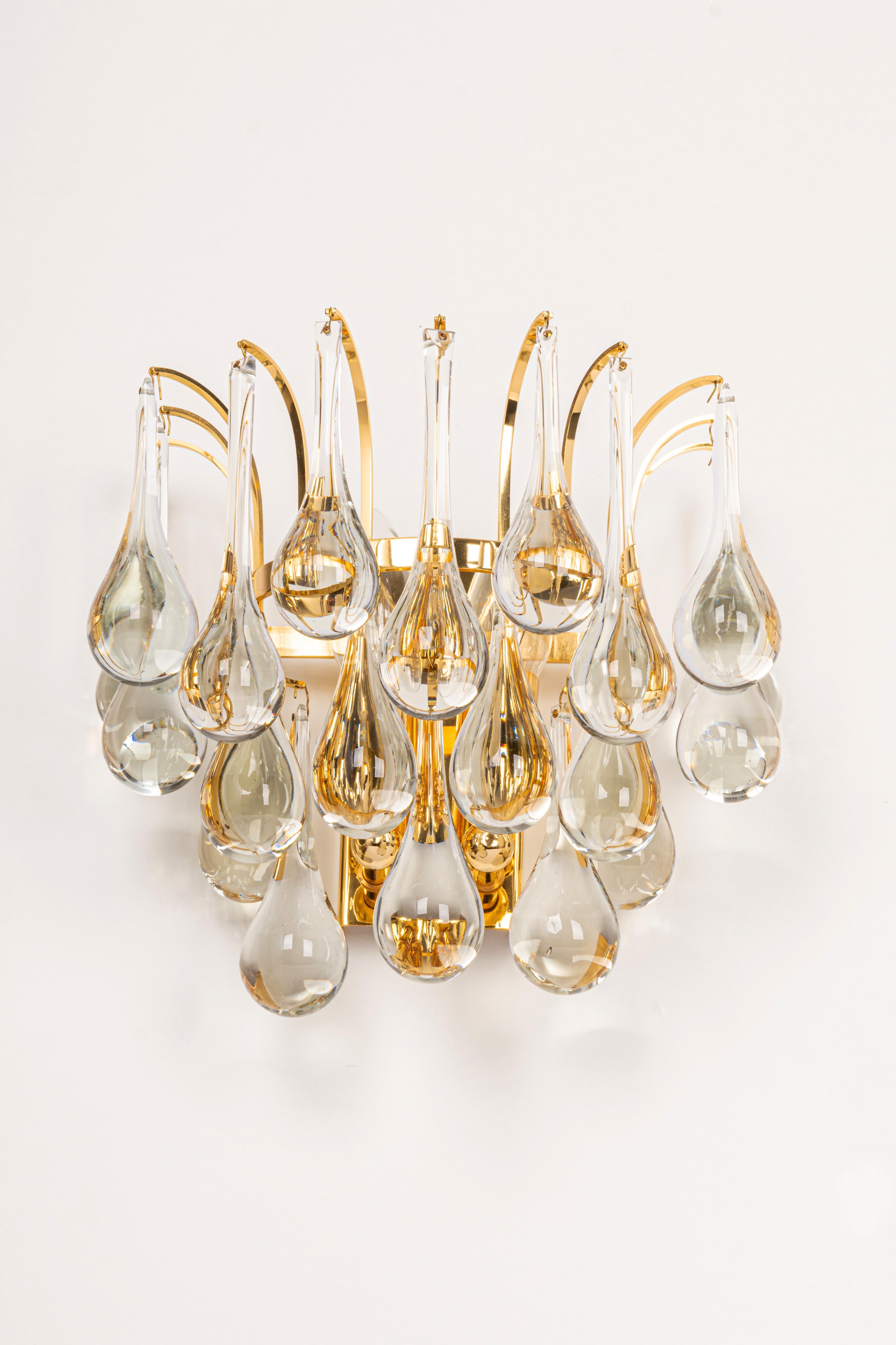 Mid-Century Modern Large Pair of Golden Gilded Brass and Crystal Sconces by C.Palme, Germany, 1970s For Sale