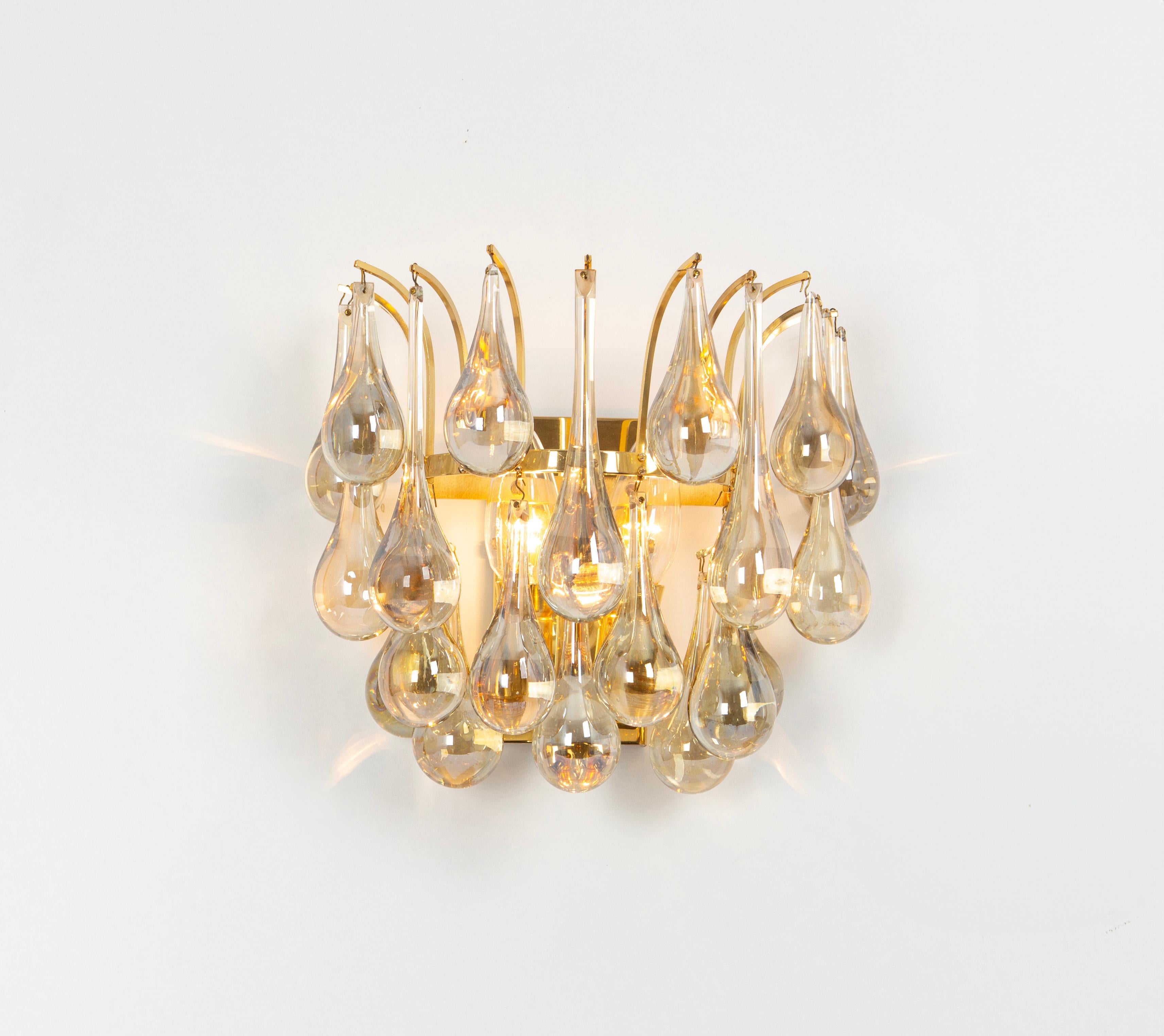 Large Pair of Golden Gilded Brass and Crystal Sconces by C.Palme, Germany, 1970s For Sale 1